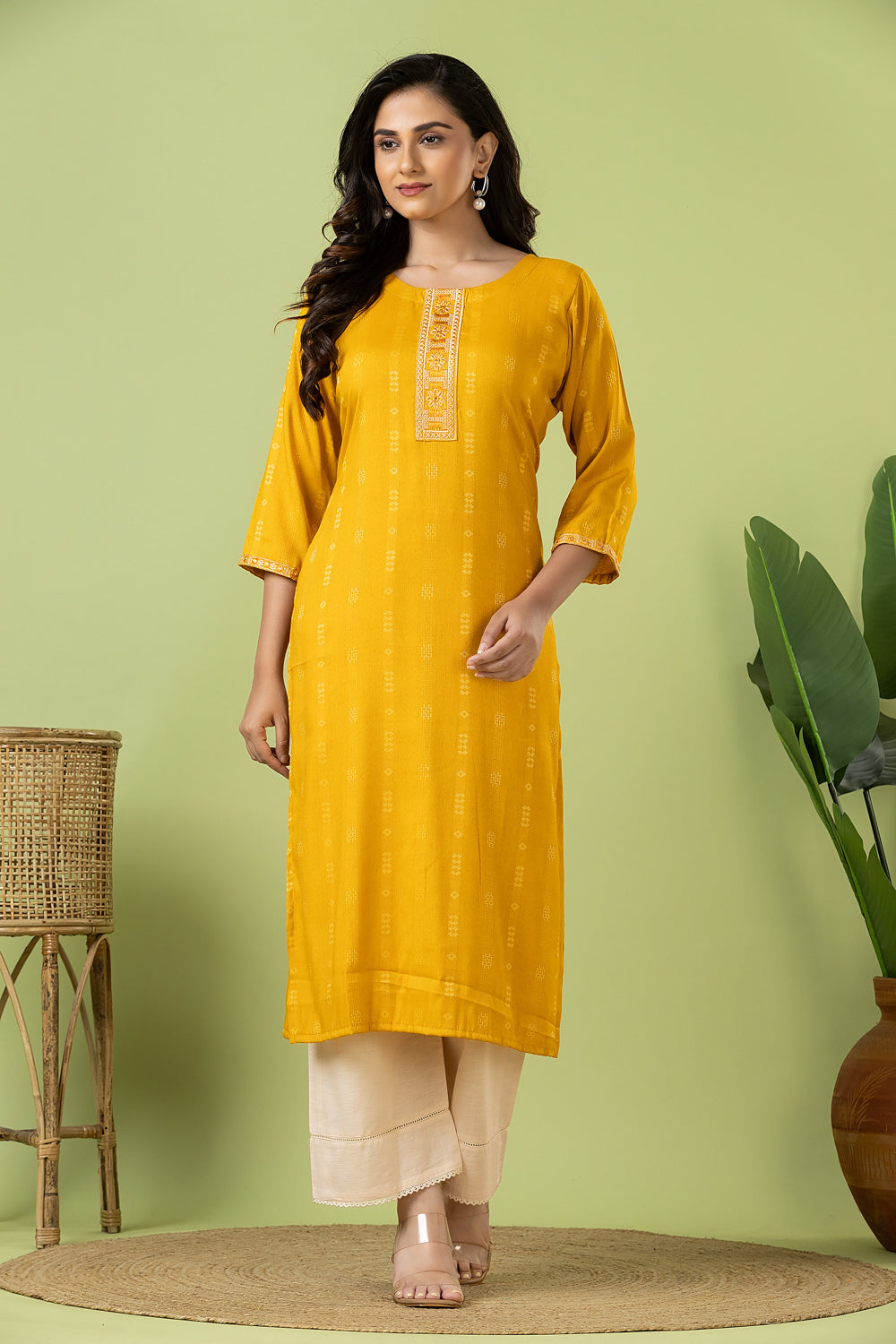 Mustard Yellow Embroidered Self-Design Rayon Kurta