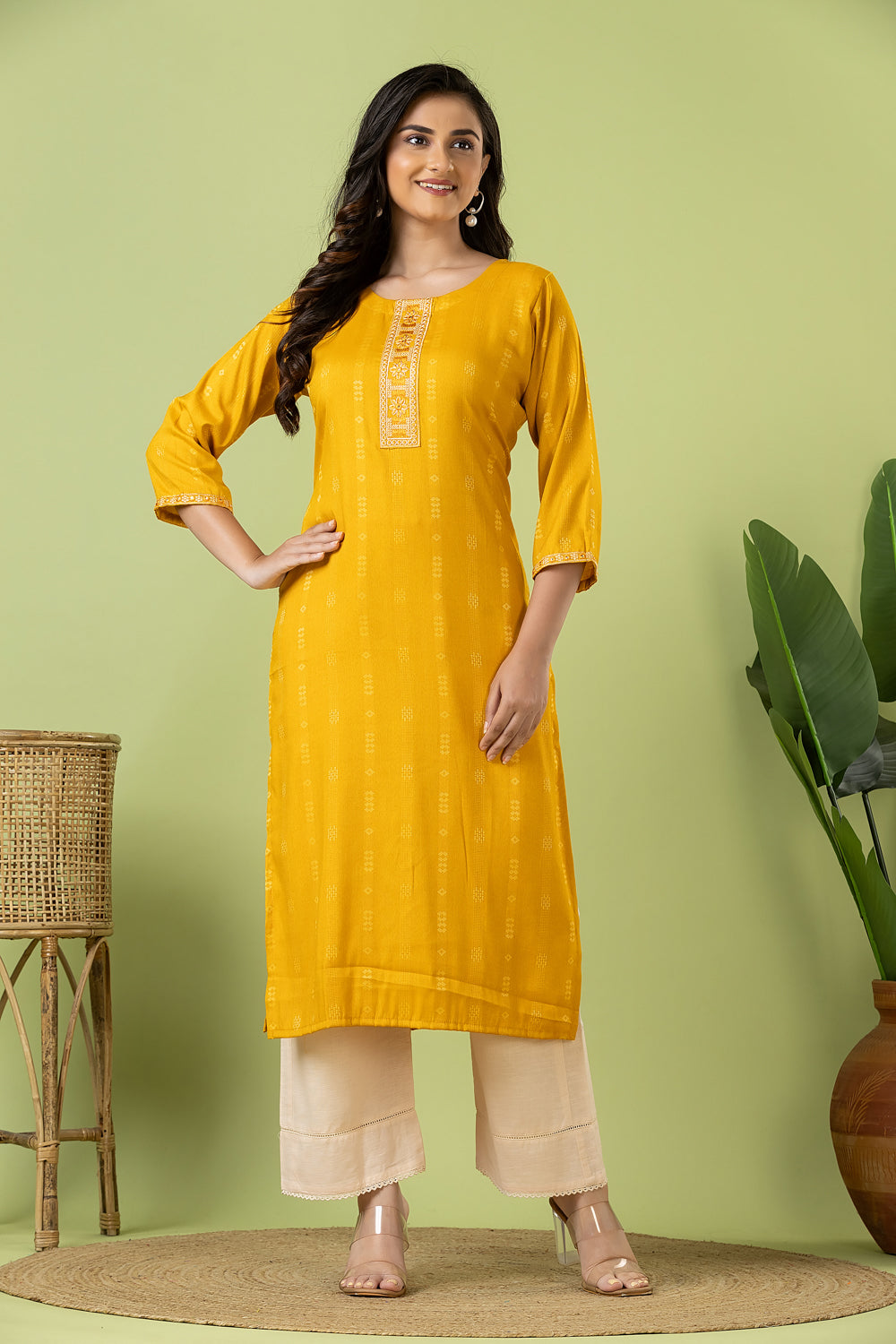 Mustard Yellow Embroidered Self-Design Rayon Kurta