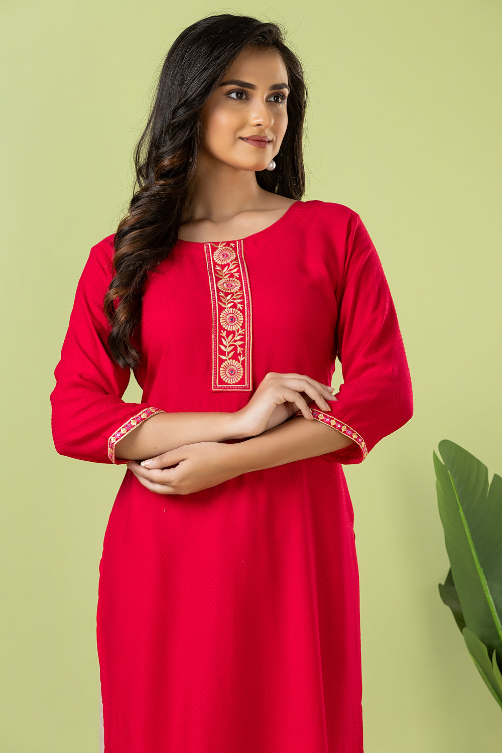 Magenta Pink Embroidered Self-Design Rayon Kurta