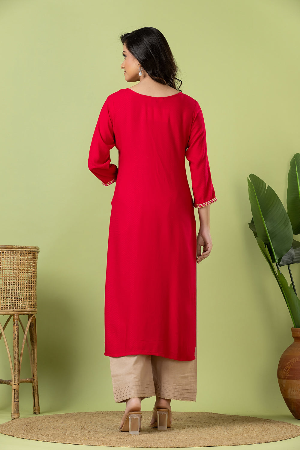 Magenta Pink Embroidered Self-Design Rayon Kurta
