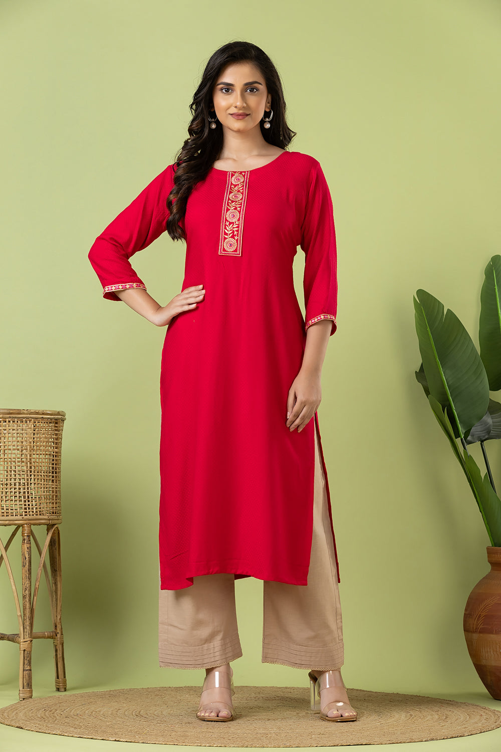 Magenta Pink Embroidered Self-Design Rayon Kurta
