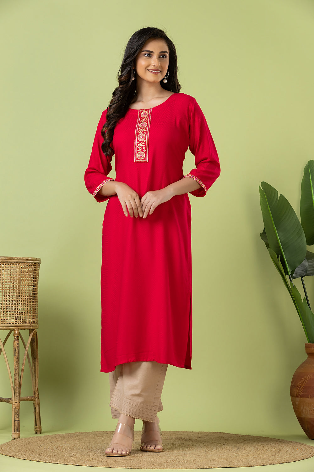 Magenta Pink Embroidered Self-Design Rayon Kurta