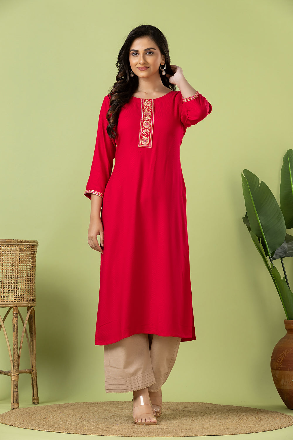 Magenta Pink Embroidered Self-Design Rayon Kurta