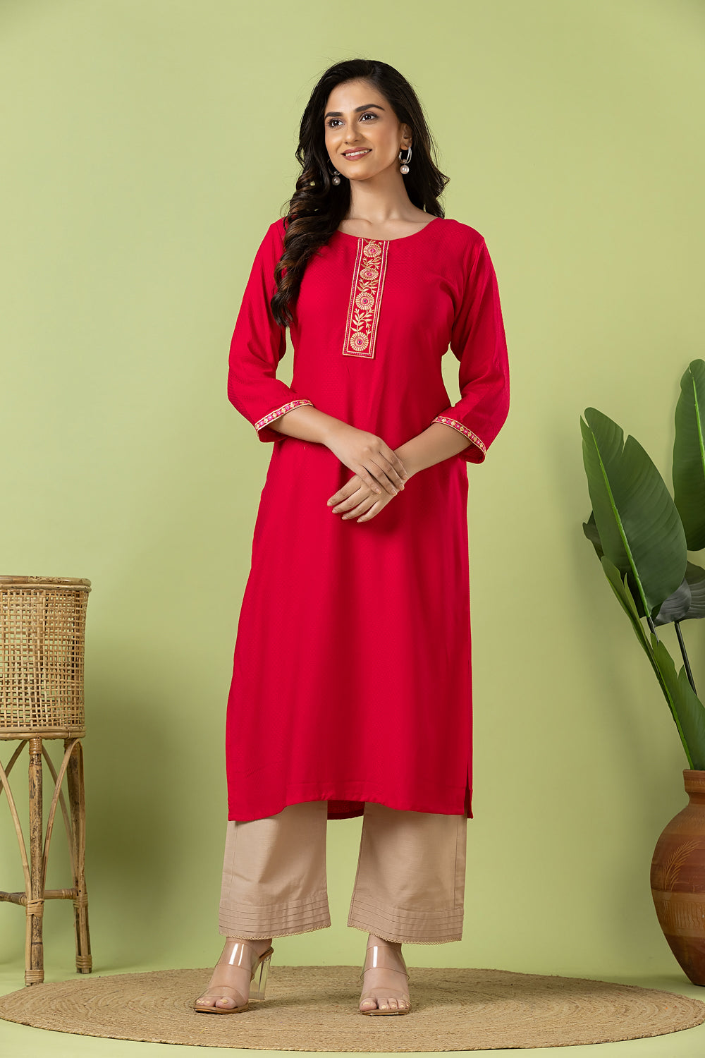 Magenta Pink Embroidered Self-Design Rayon Kurta