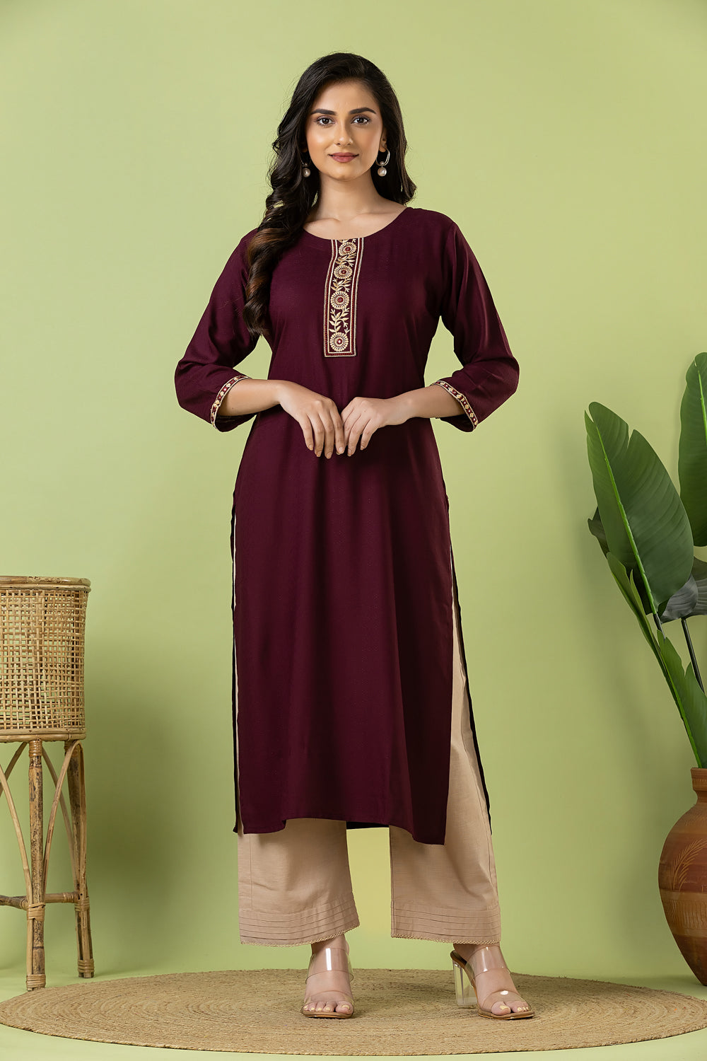 Purple Embroidered Self-Design Rayon Kurta