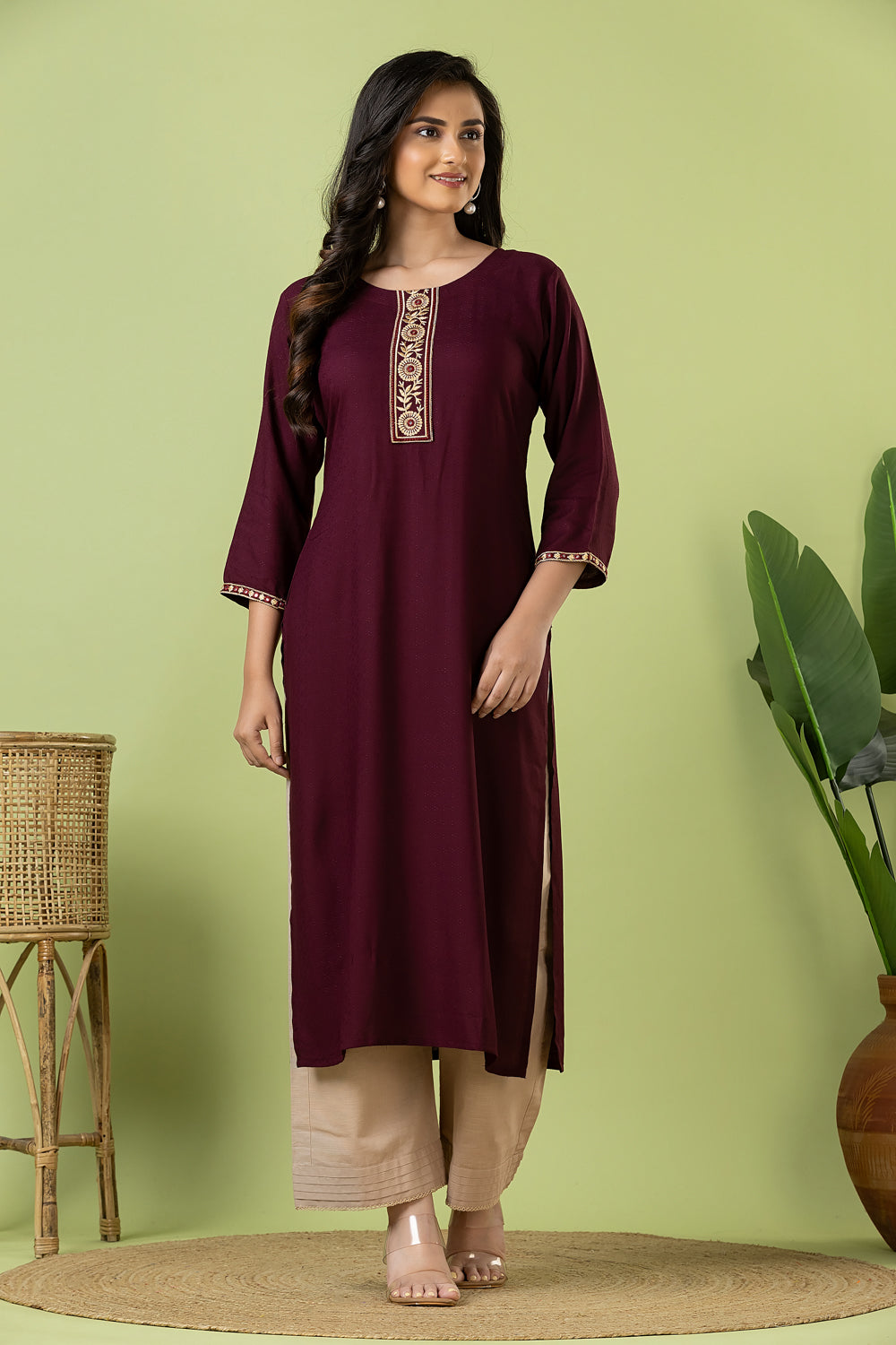 Purple Embroidered Self-Design Rayon Kurta