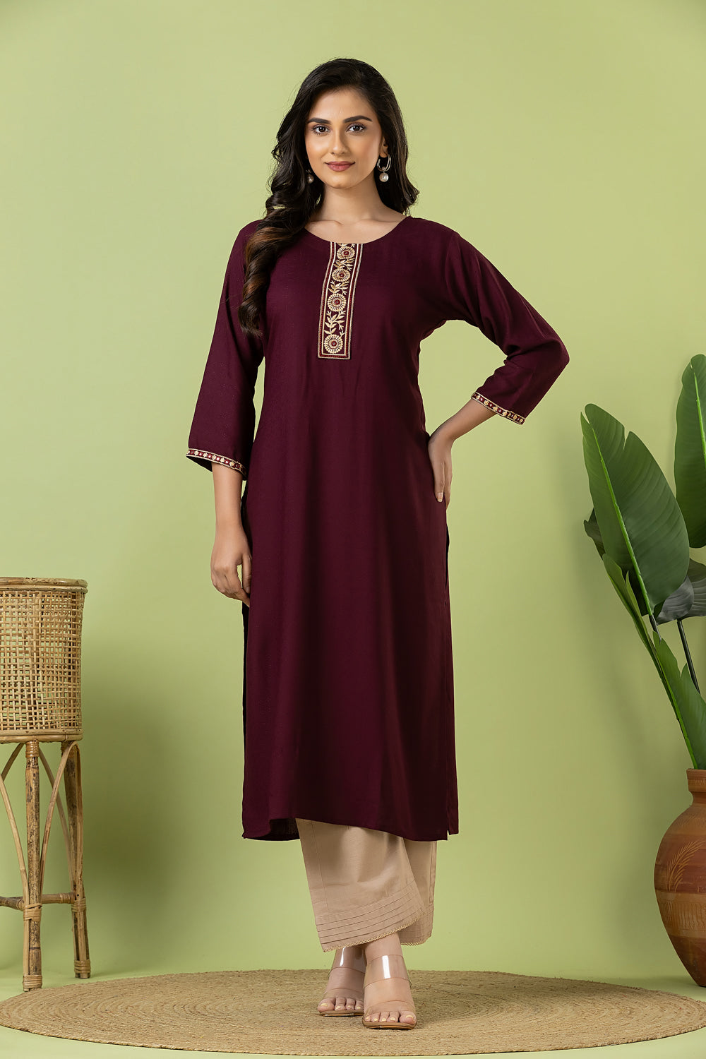 Purple Embroidered Self-Design Rayon Kurta