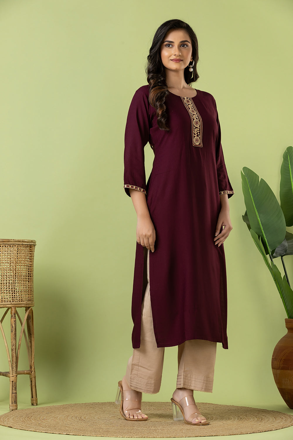 Purple Embroidered Self-Design Rayon Kurta