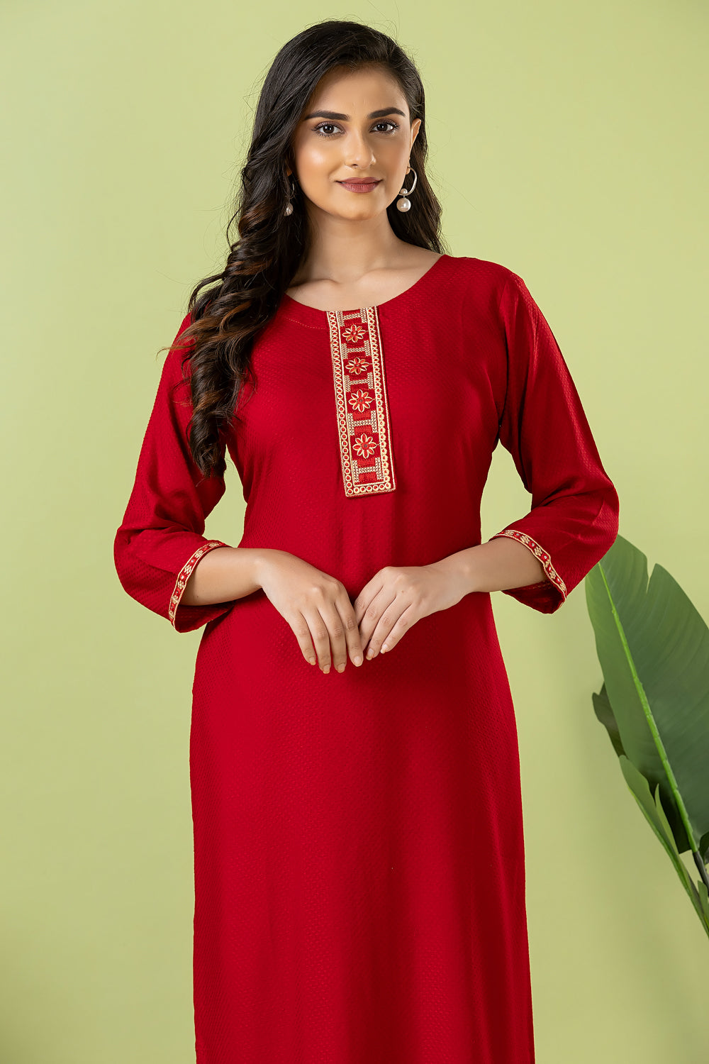 Maroon Embroidered Self-Design Rayon Kurta