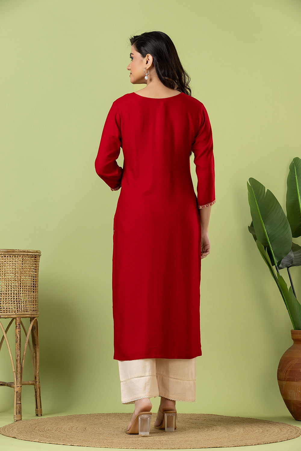Maroon Embroidered Self-Design Rayon Kurta