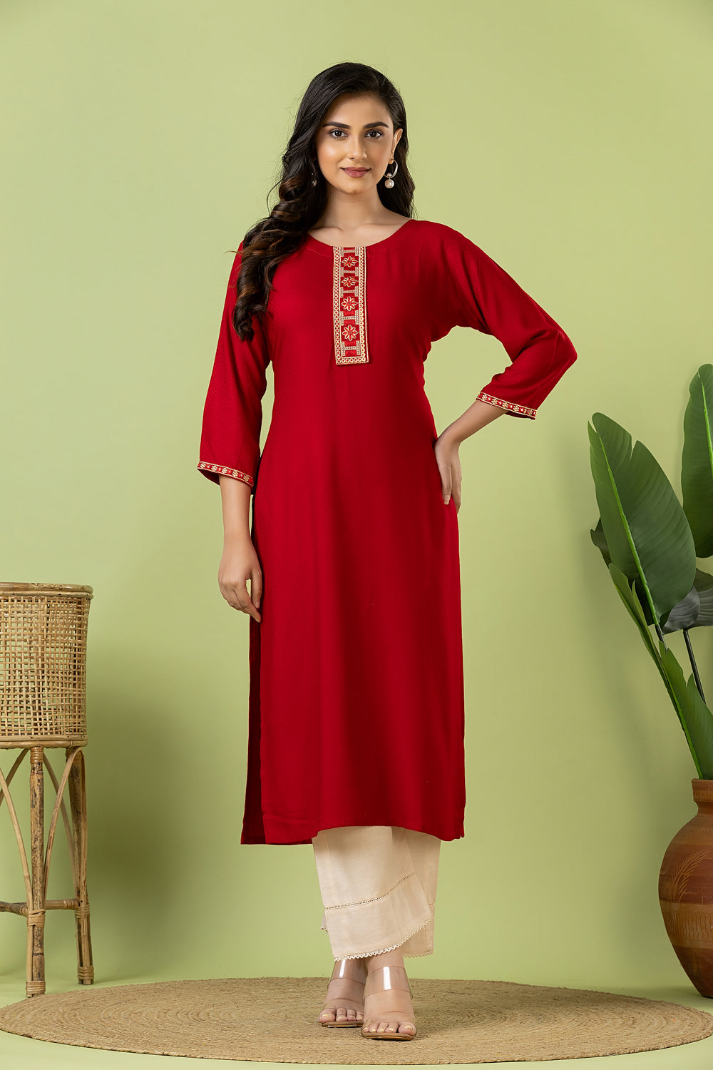 Maroon Embroidered Self-Design Rayon Kurta