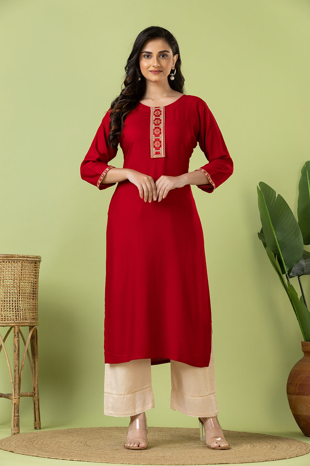Maroon Embroidered Self-Design Rayon Kurta