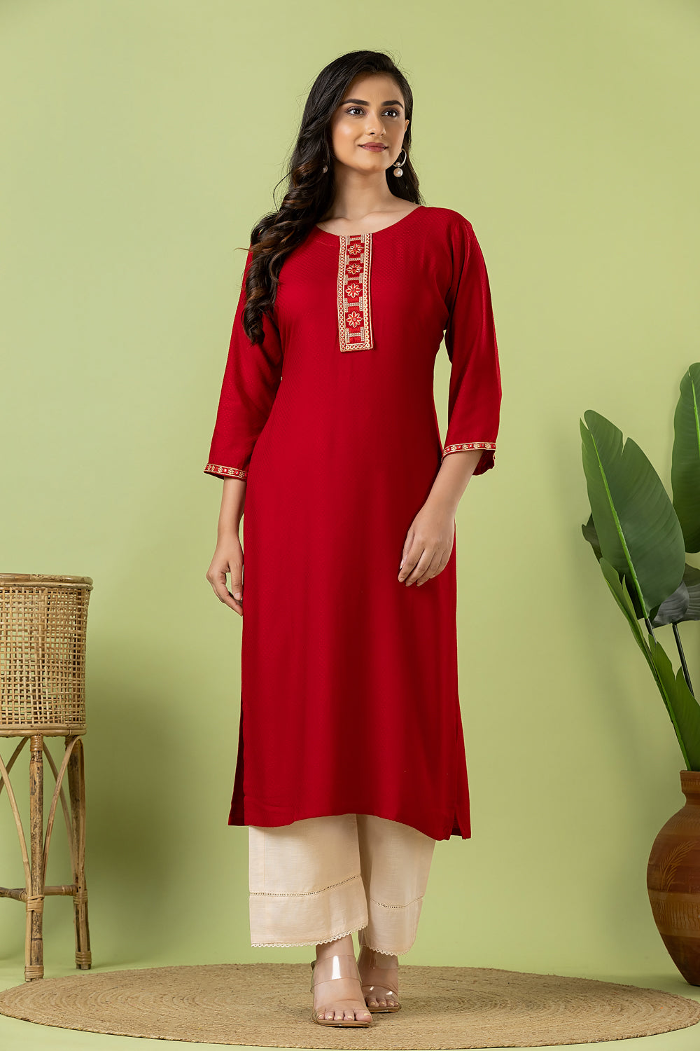 Maroon Embroidered Self-Design Rayon Kurta