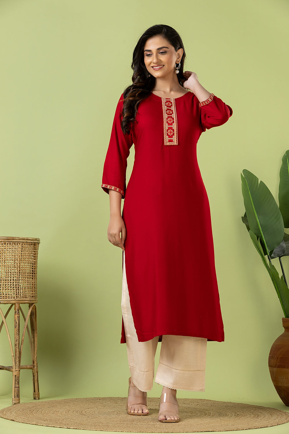Maroon Embroidered Self-Design Rayon Kurta