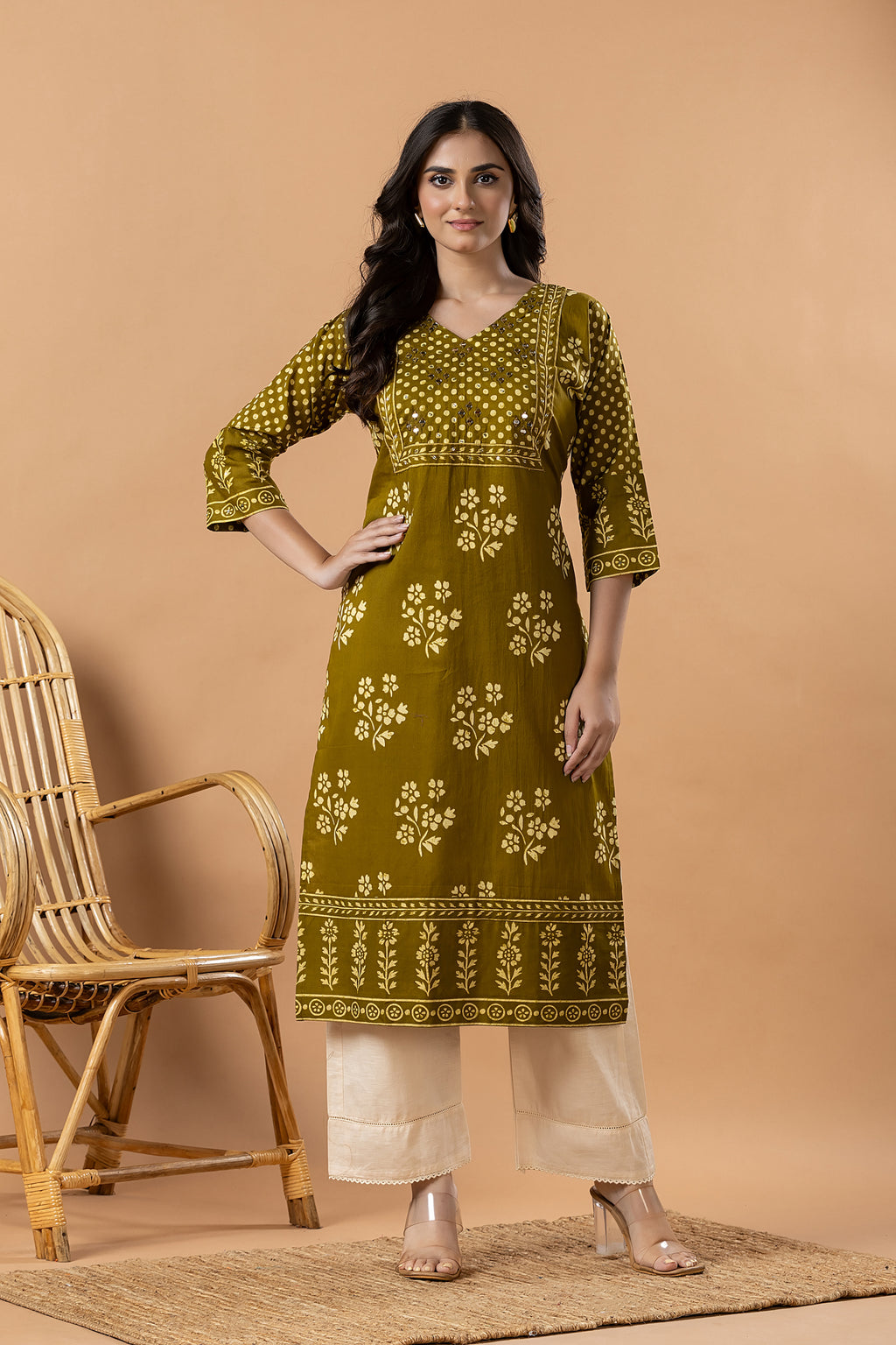 Mehendi Green Floral Print Hand Embroidered Kurta