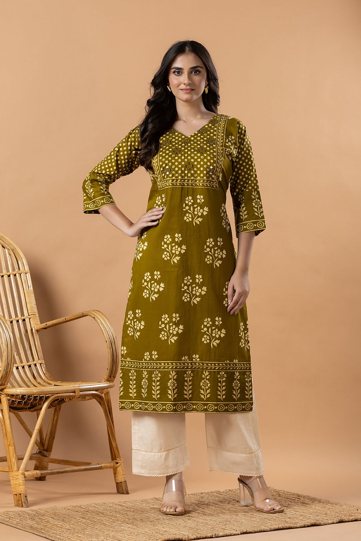 Mehendi Green Floral Print Hand Embroidered Kurta