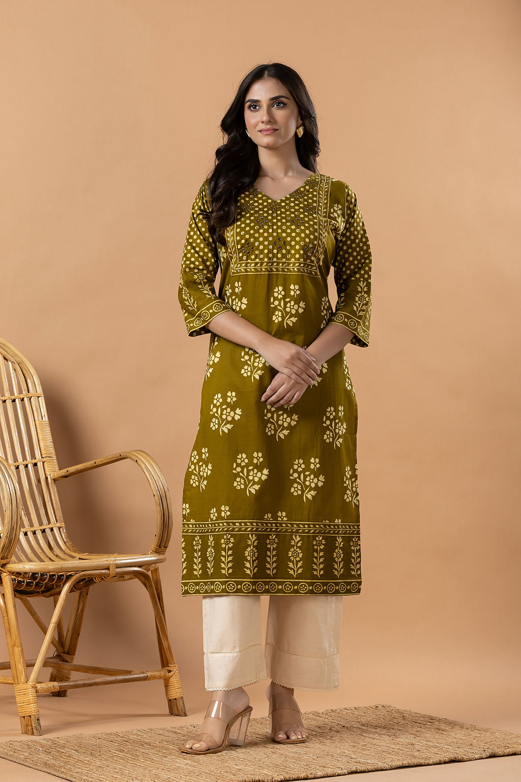 Mehendi Green Floral Print Hand Embroidered Kurta