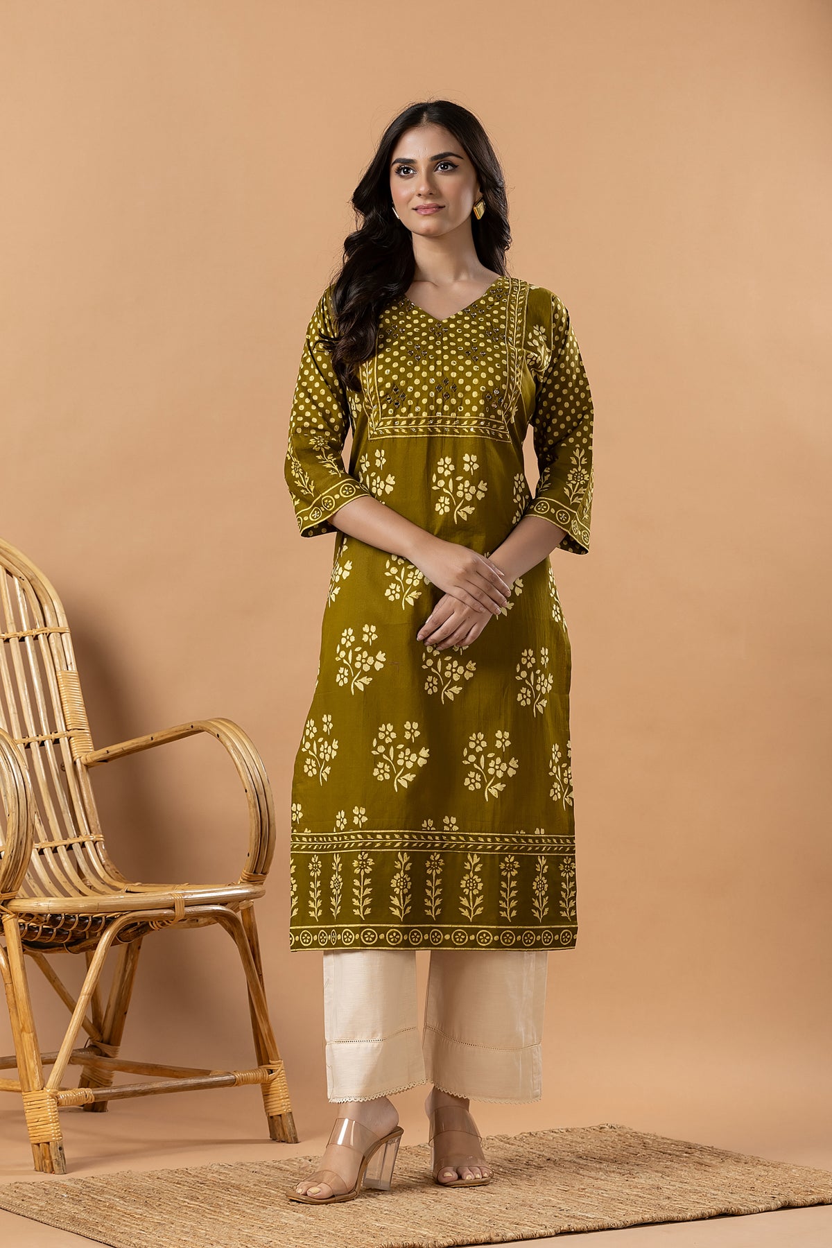 Mehendi Green Floral Print Hand Embroidered Kurta