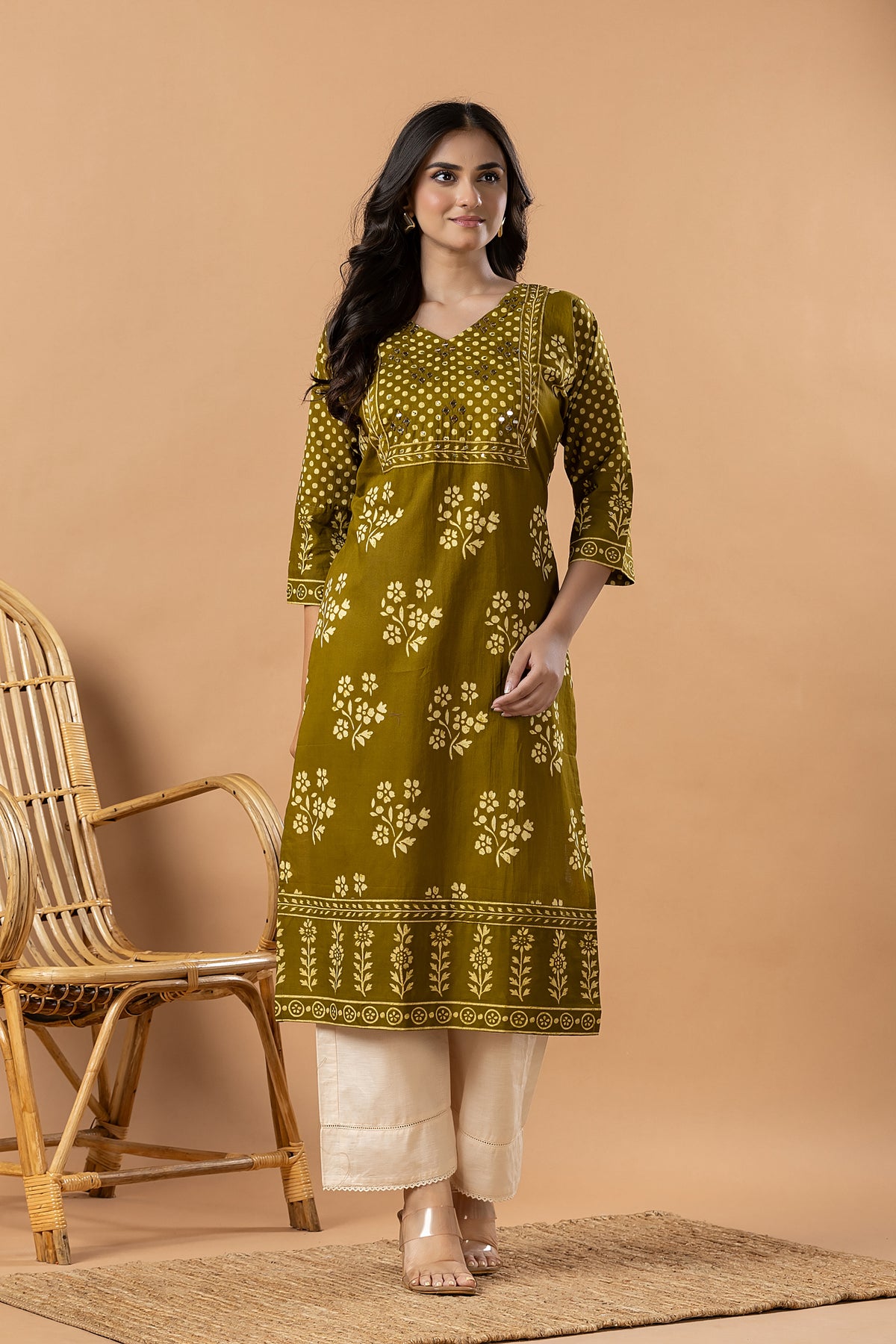 Mehendi Green Floral Print Hand Embroidered Kurta