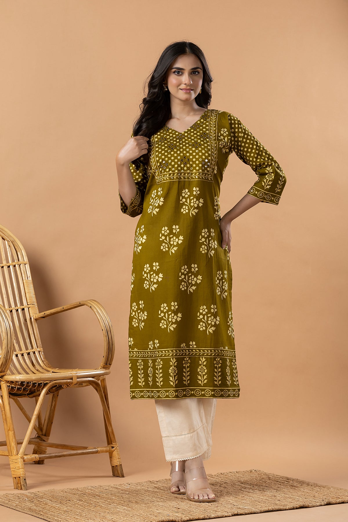 Mehendi Green Floral Print Hand Embroidered Kurta