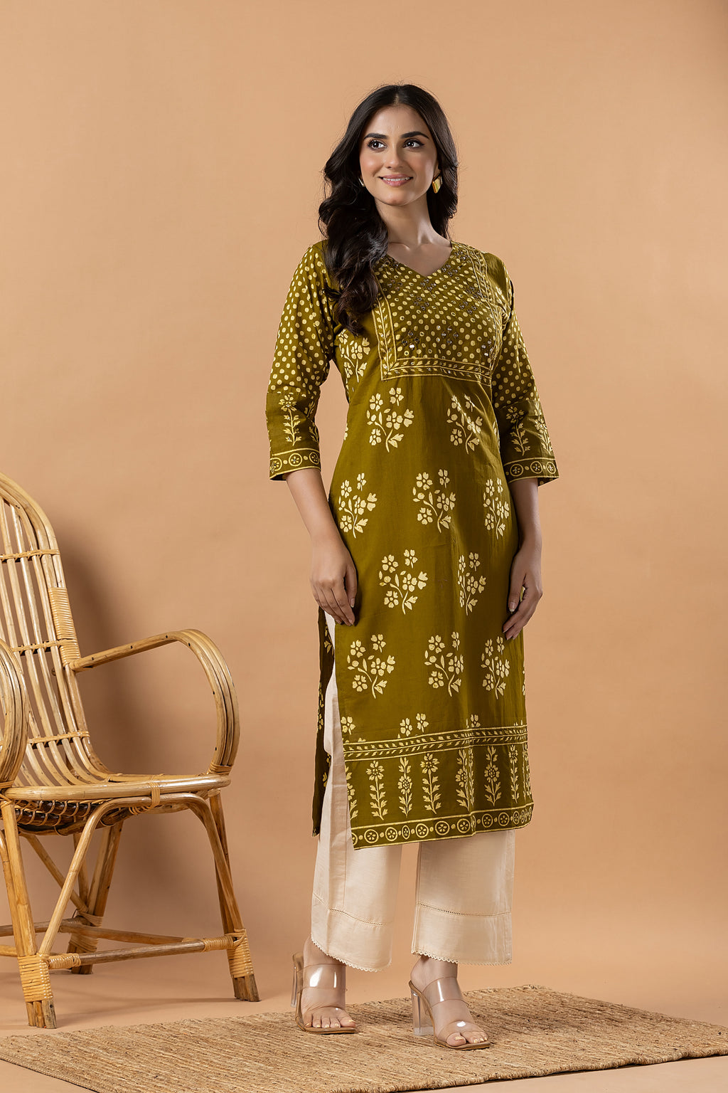 Mehendi Green Floral Print Hand Embroidered Kurta