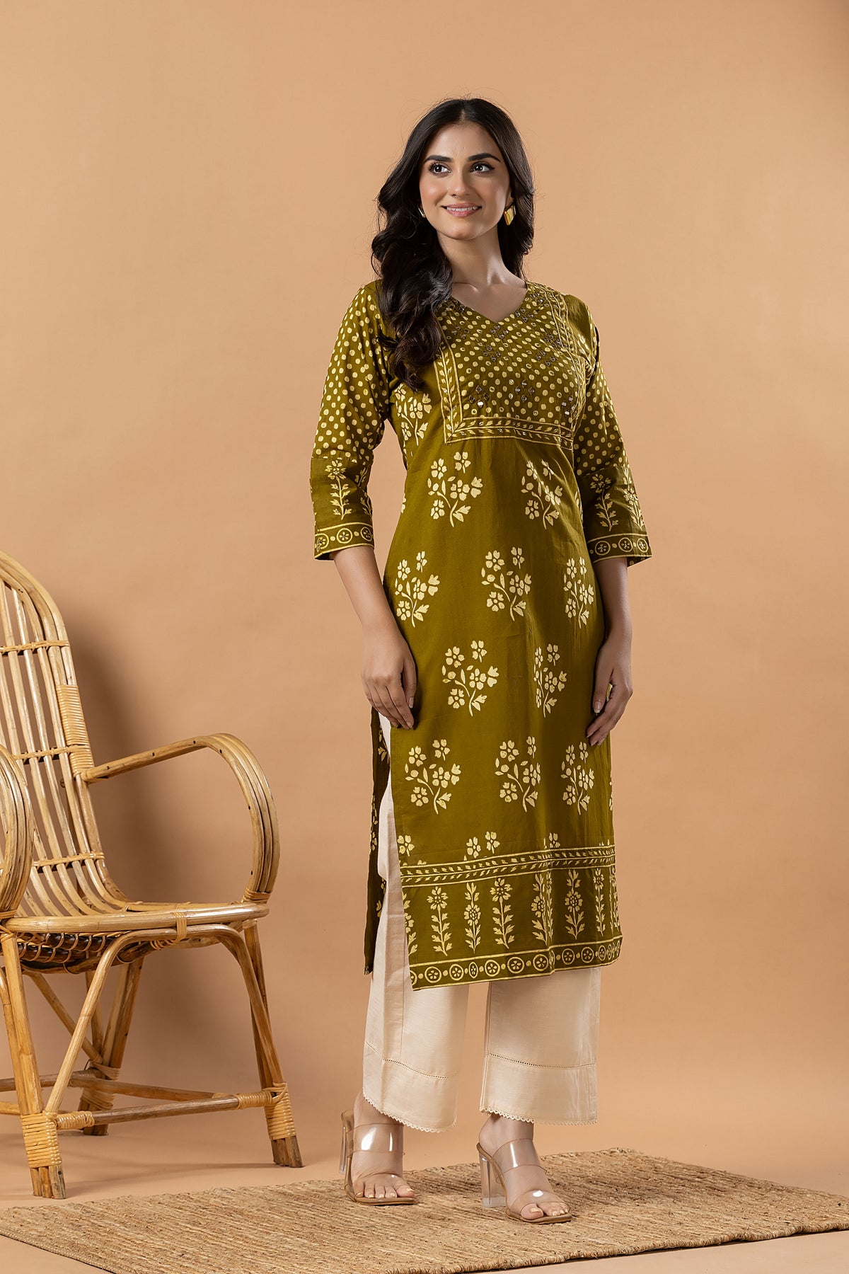 Mehendi Green Floral Print Hand Embroidered Kurta