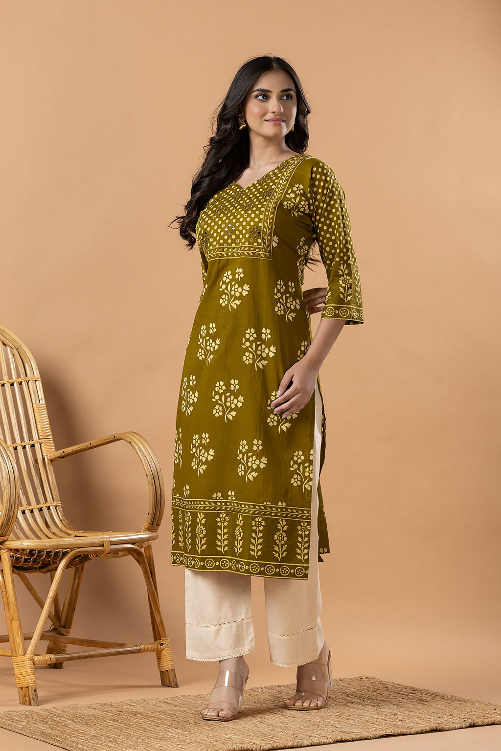 Mehendi Green Floral Print Hand Embroidered Kurta