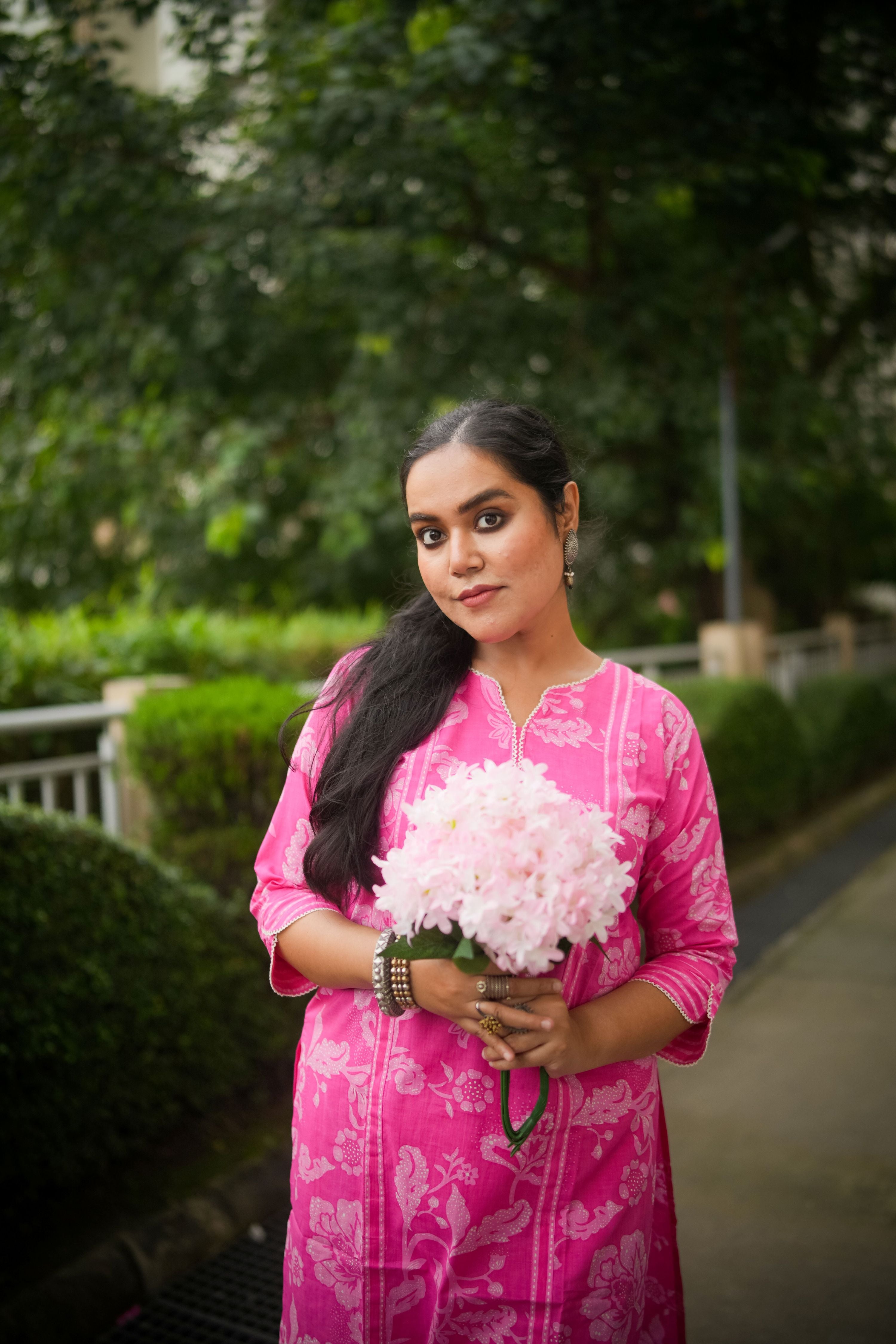 Pink Floral Print Kurta With Pant