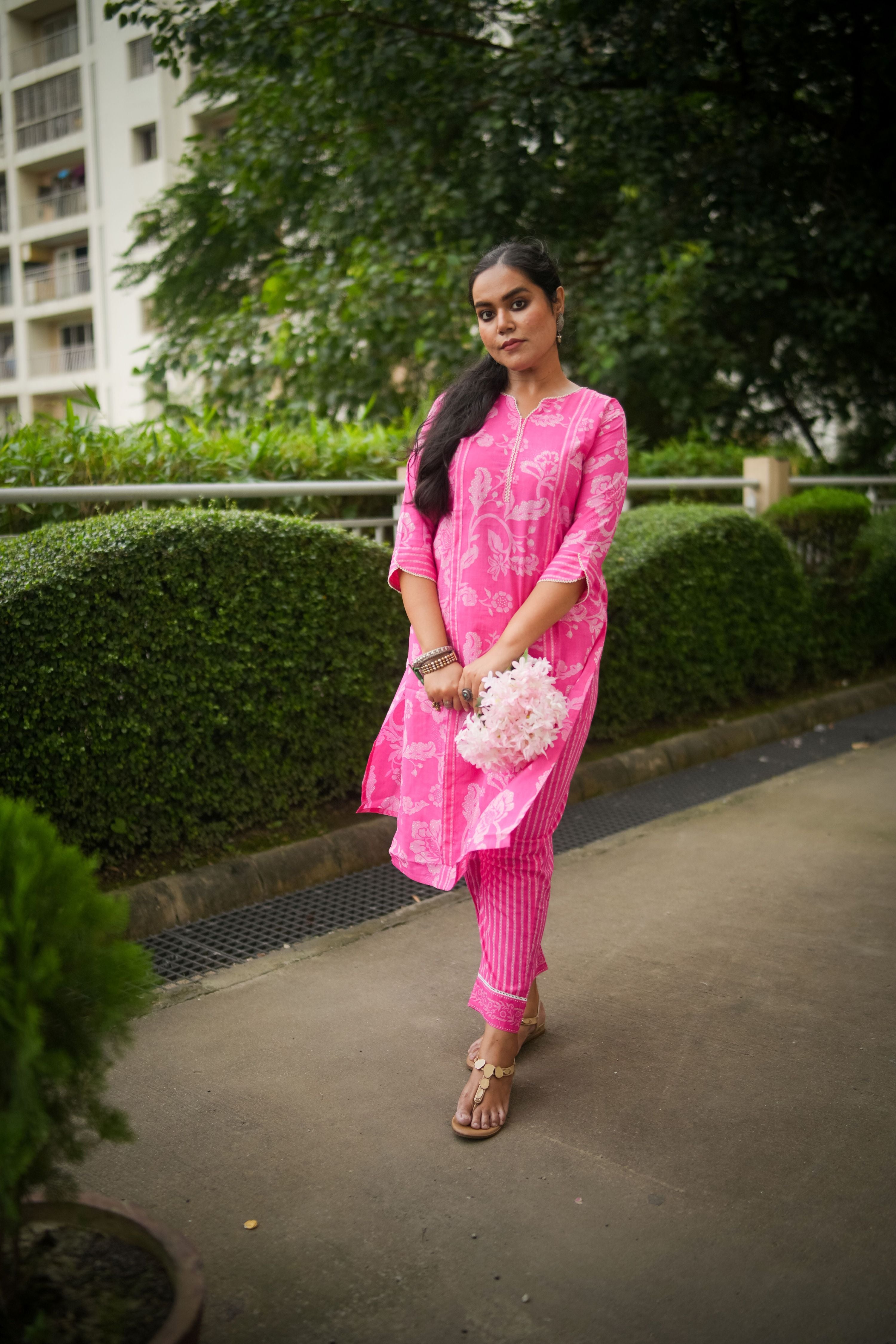 Pink Floral Print Kurta With Pant