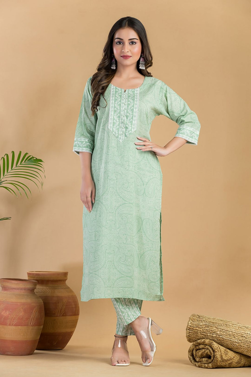 Mint Green Paisley Print Kurta with Pant