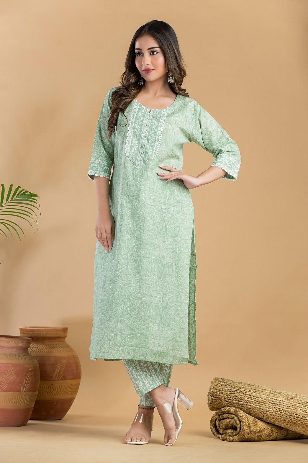 Mint Green Paisley Print Kurta with Pant