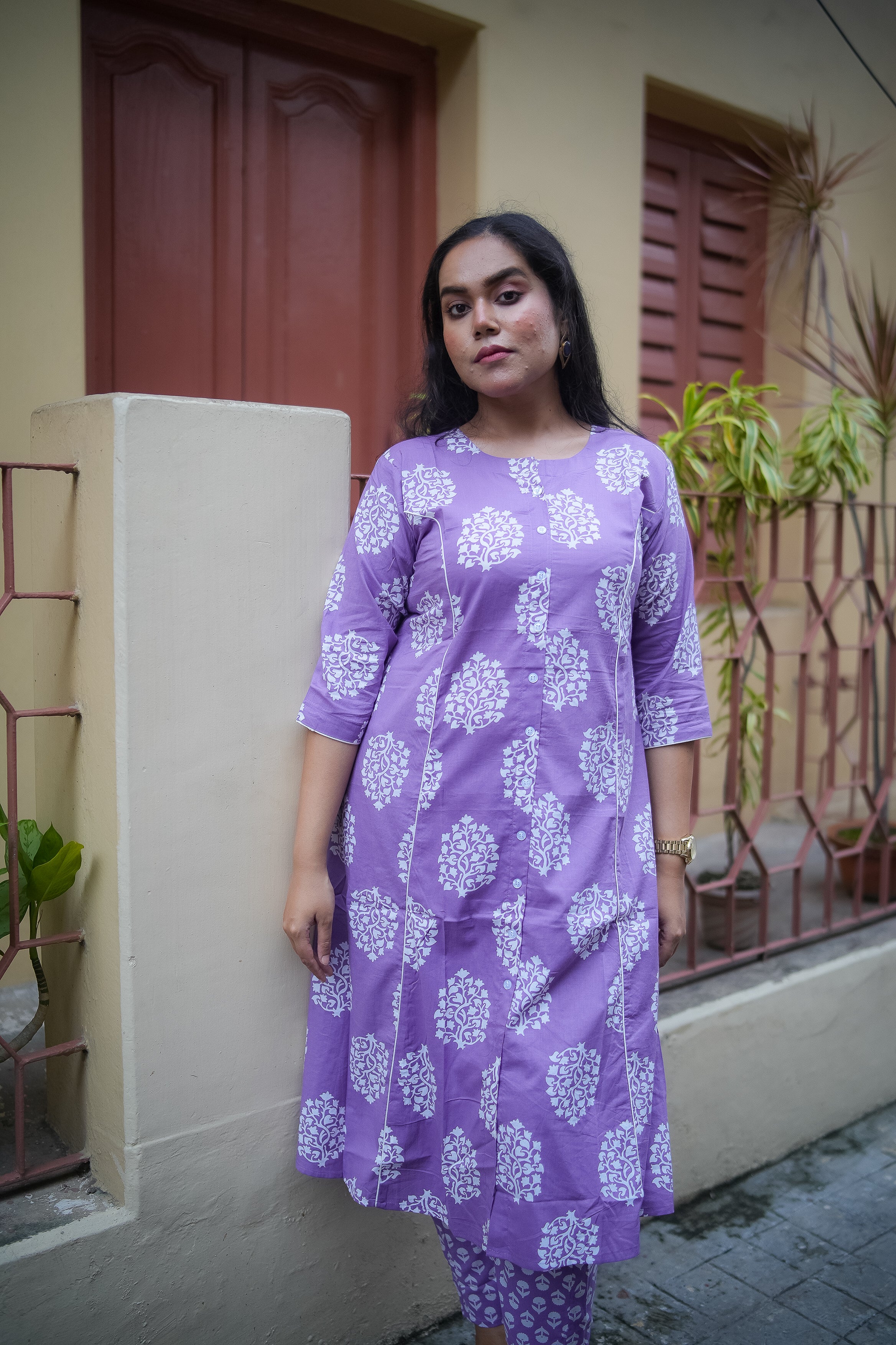 Lavender Floral Print A-Line Kurta With Pant