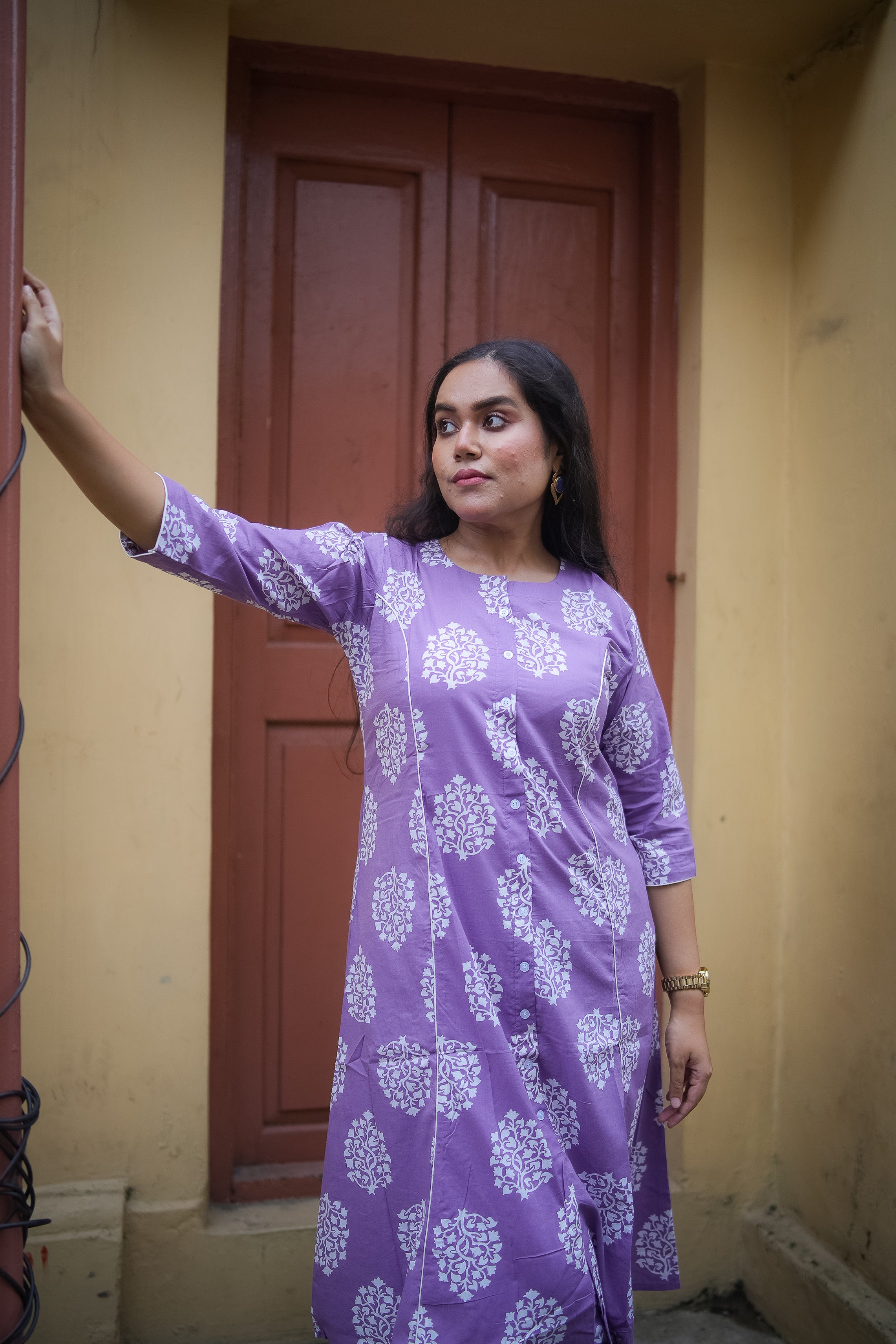 Lavender Floral Print A-Line Kurta With Pant