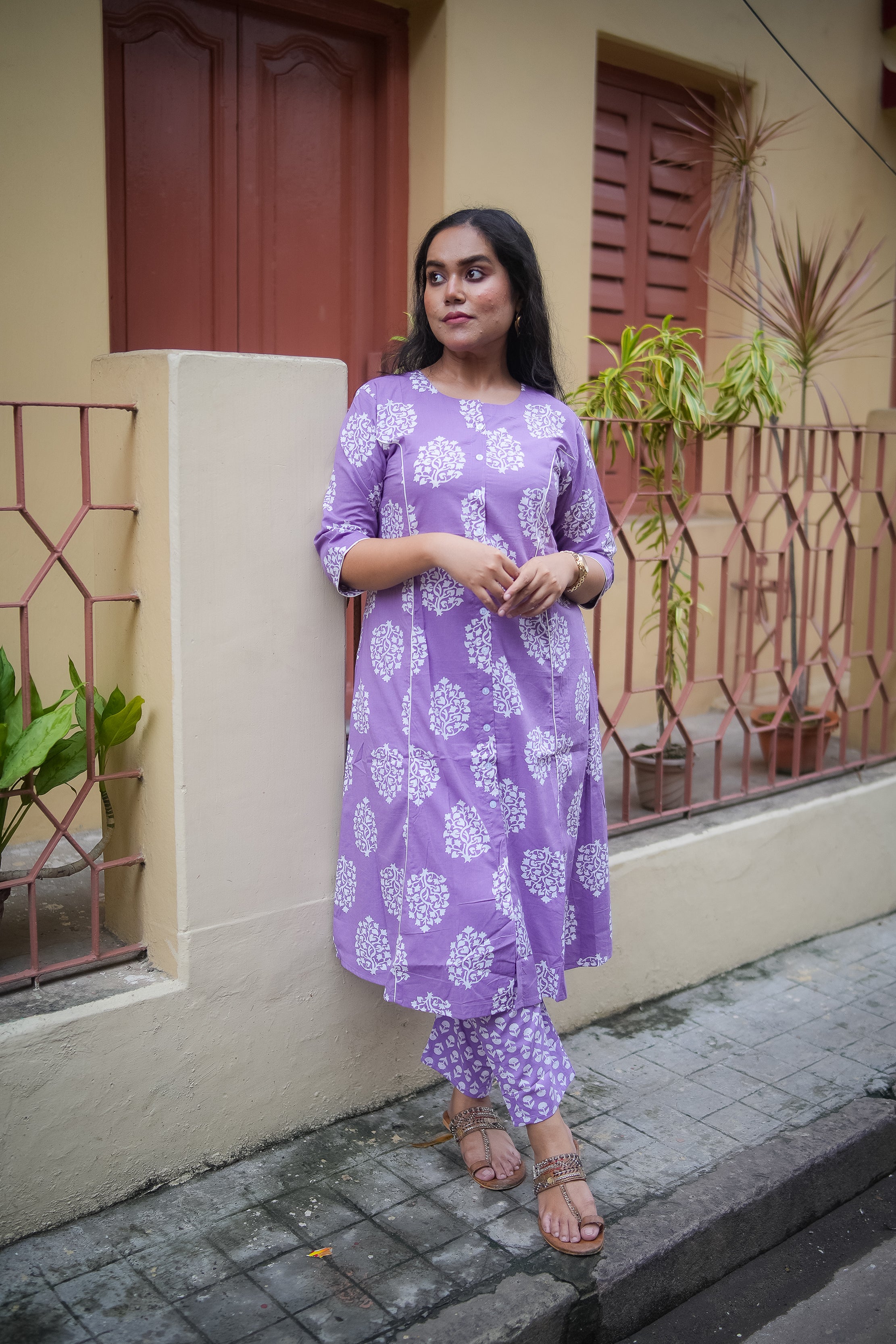 Lavender Floral Print A-Line Kurta With Pant