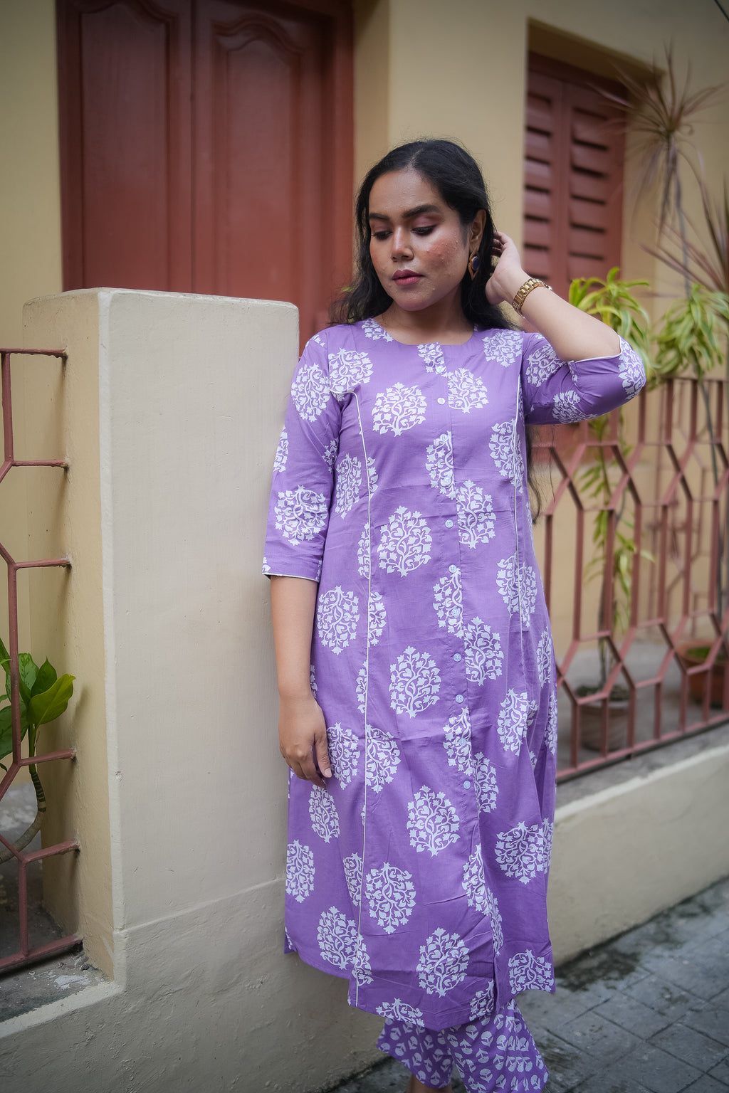 Lavender Floral Print A-Line Kurta With Pant