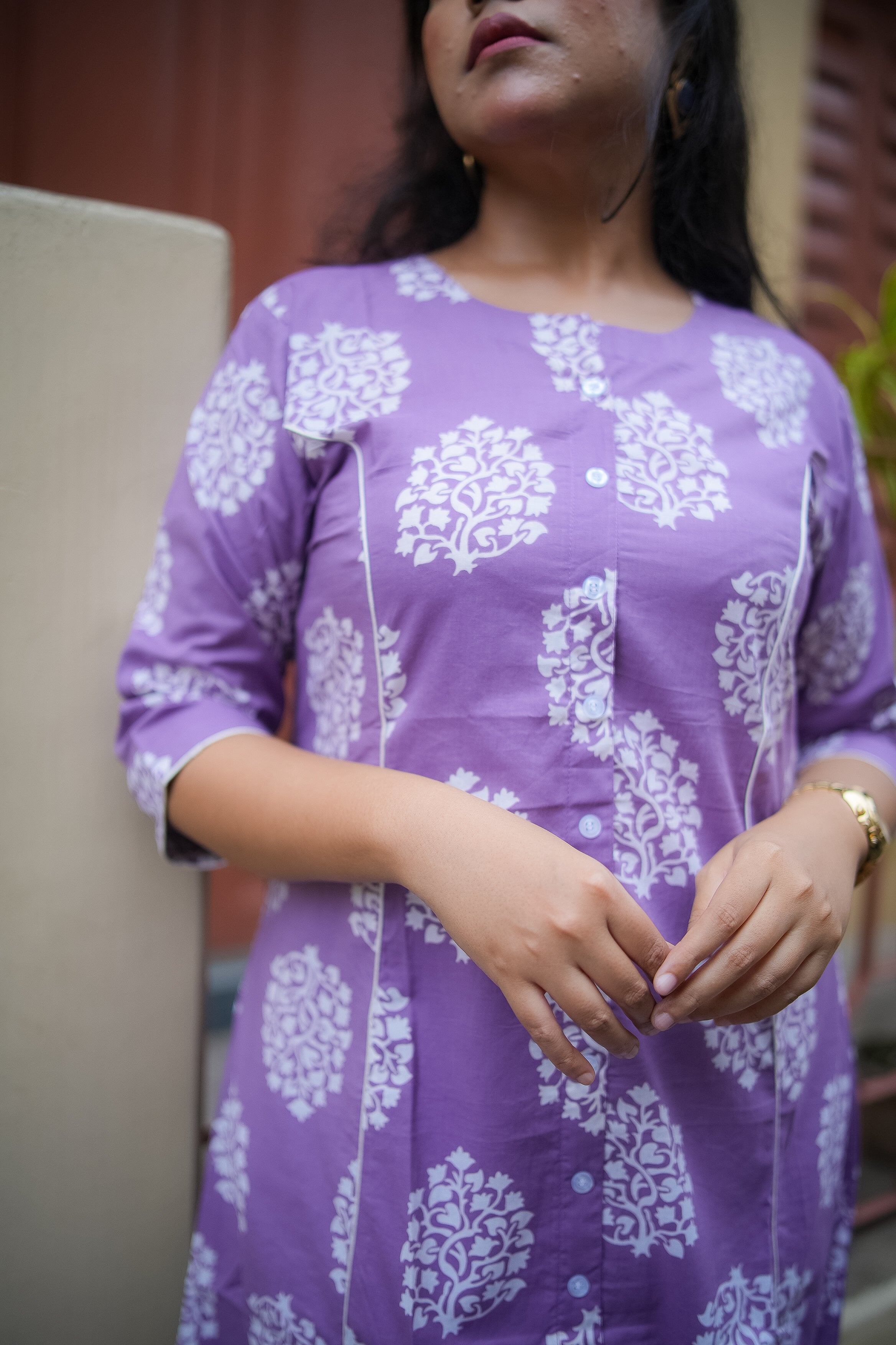 Lavender Floral Print A-Line Kurta With Pant