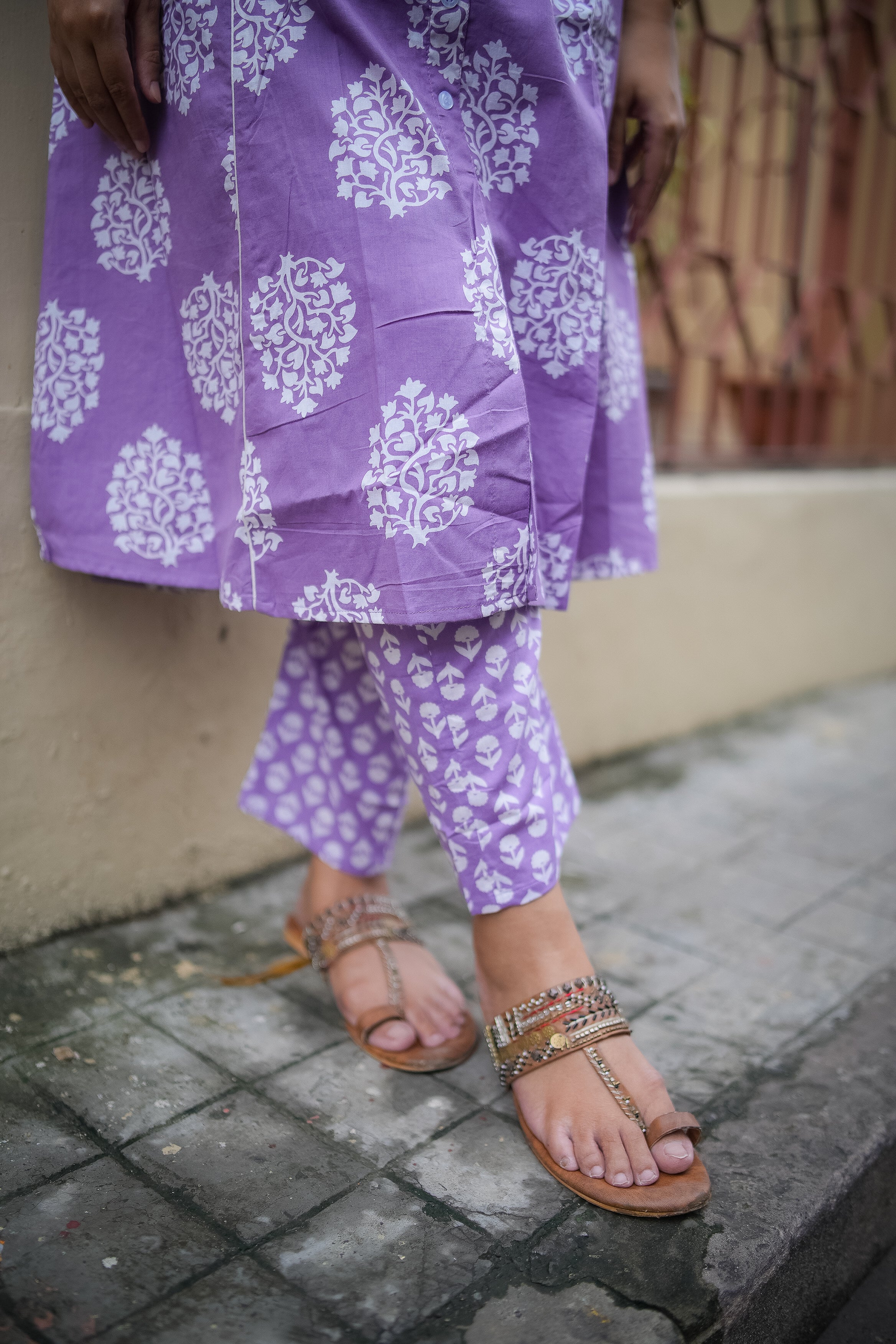 Lavender Floral Print A-Line Kurta With Pant
