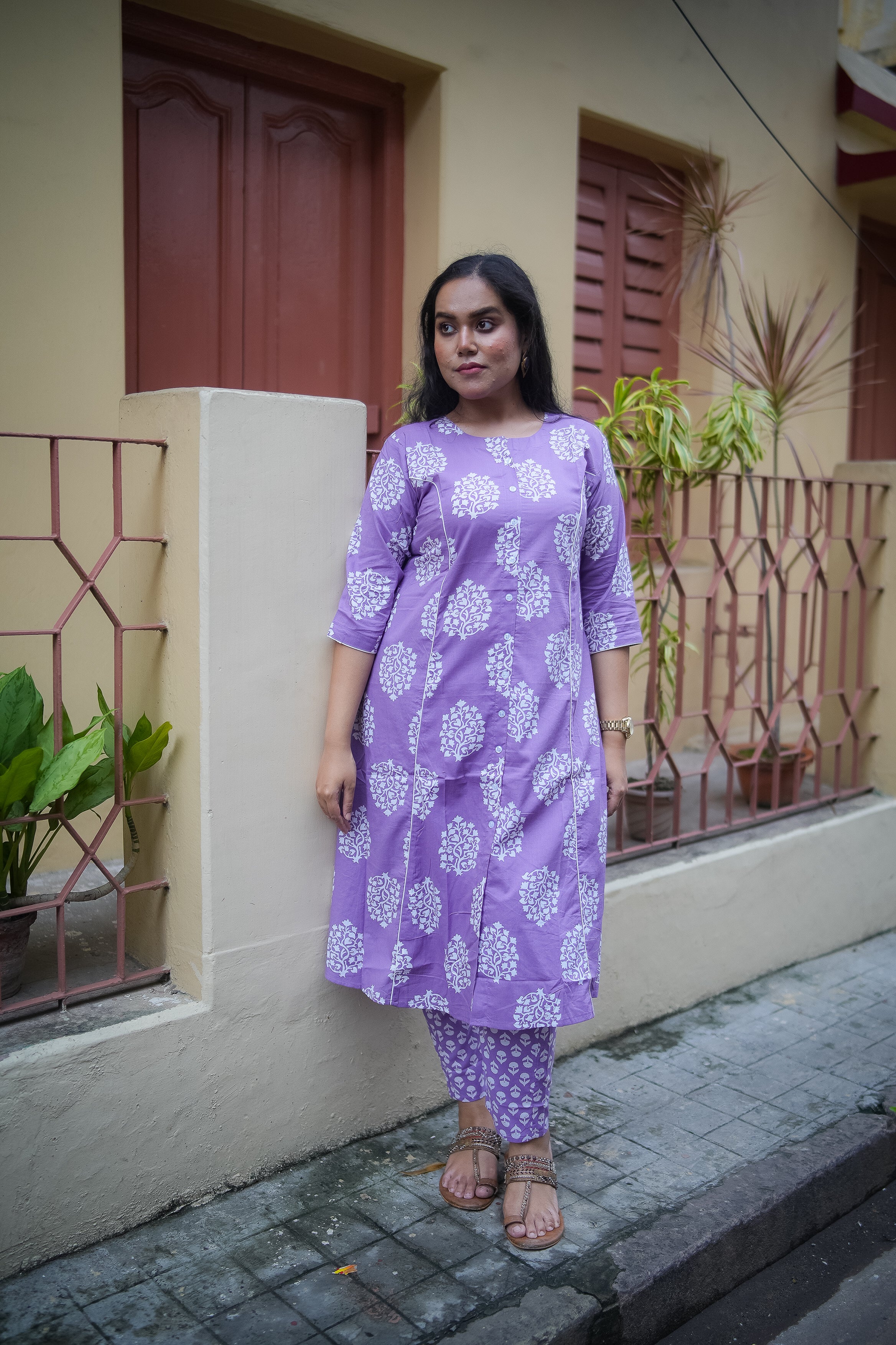 Lavender Floral Print A-Line Kurta With Pant