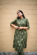 Dark Green Floral Print A-Line Kurta With Pant