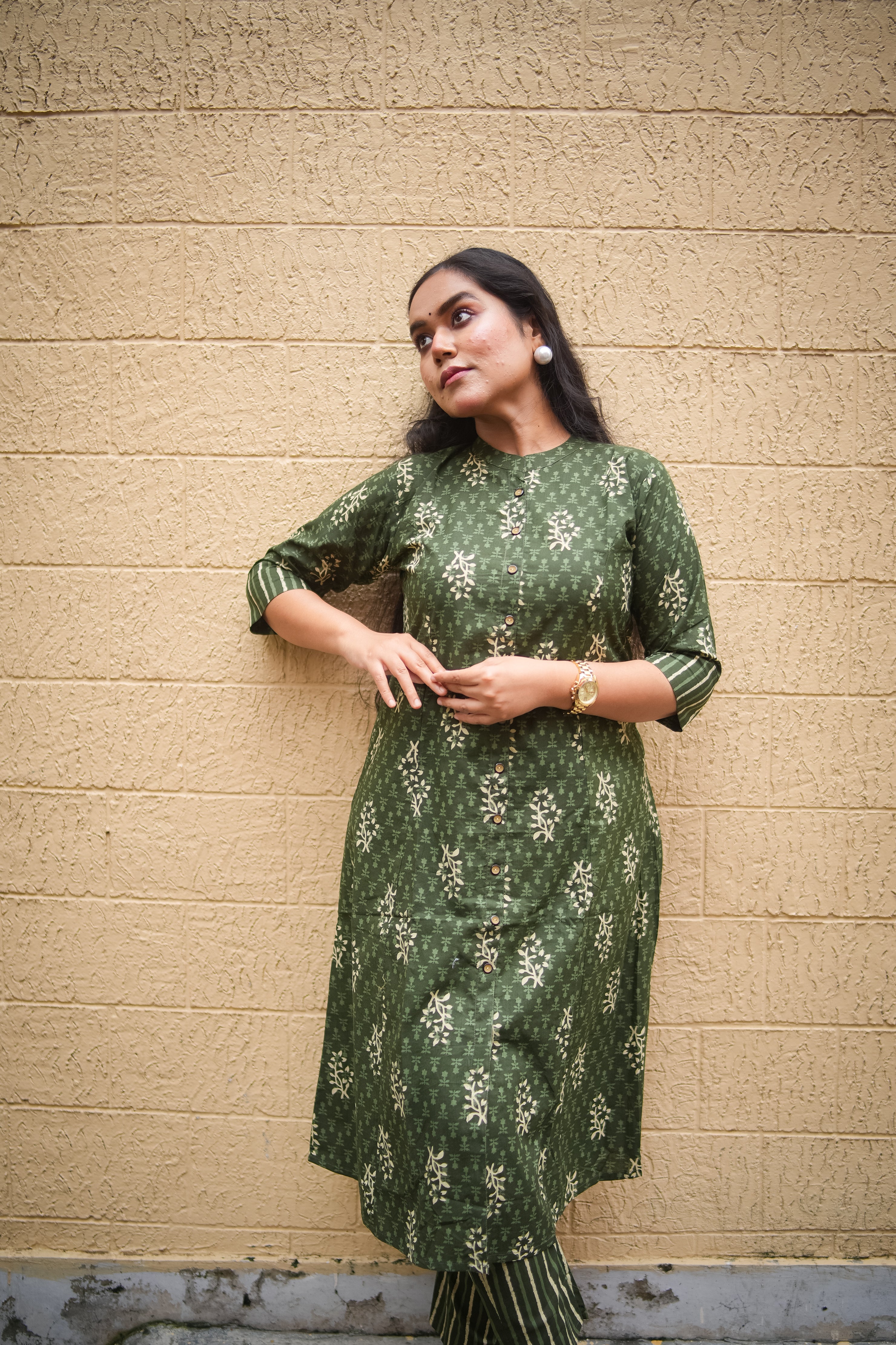 Dark Green Floral Print A-Line Kurta With Pant