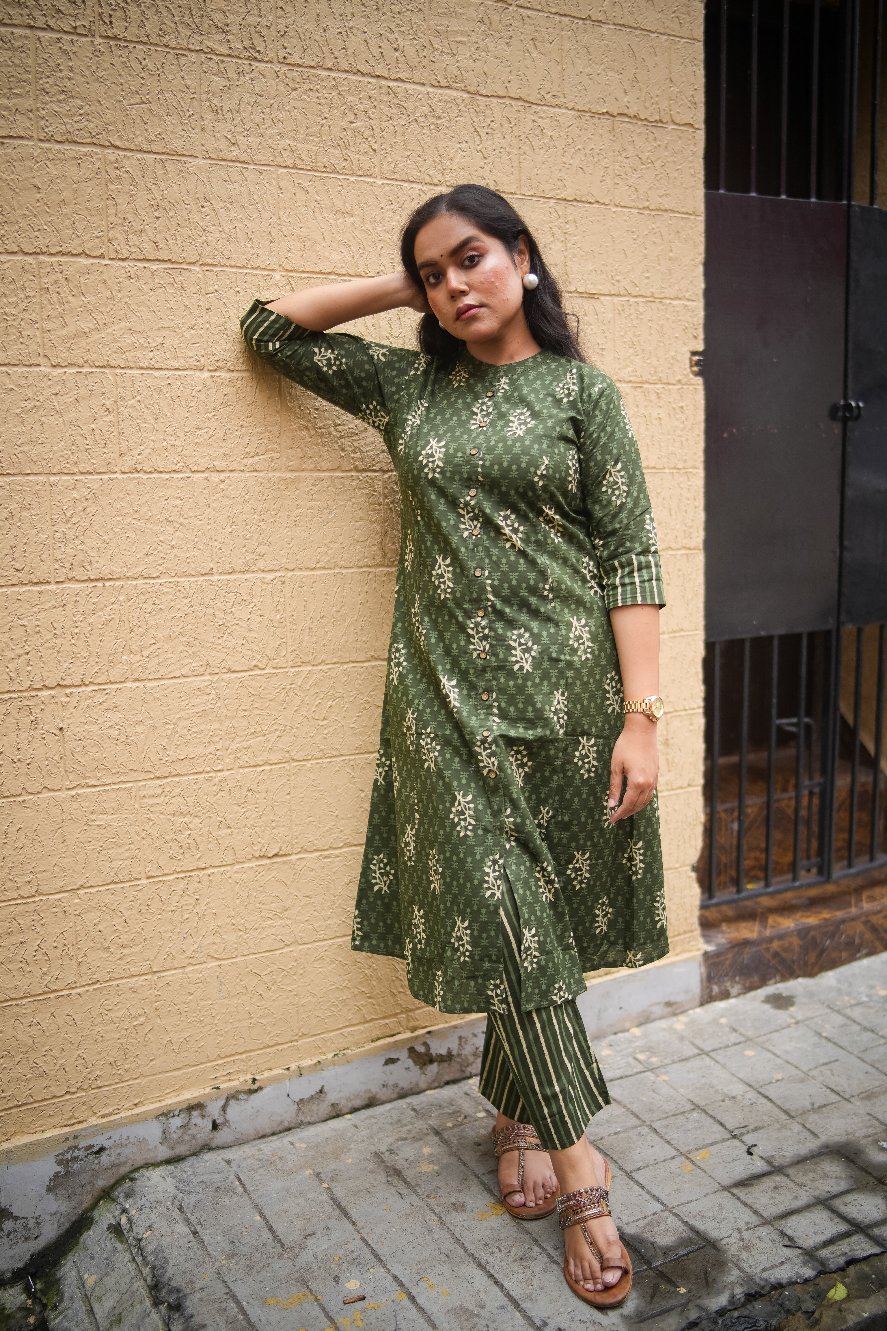 Dark Green Floral Print A-Line Kurta With Pant