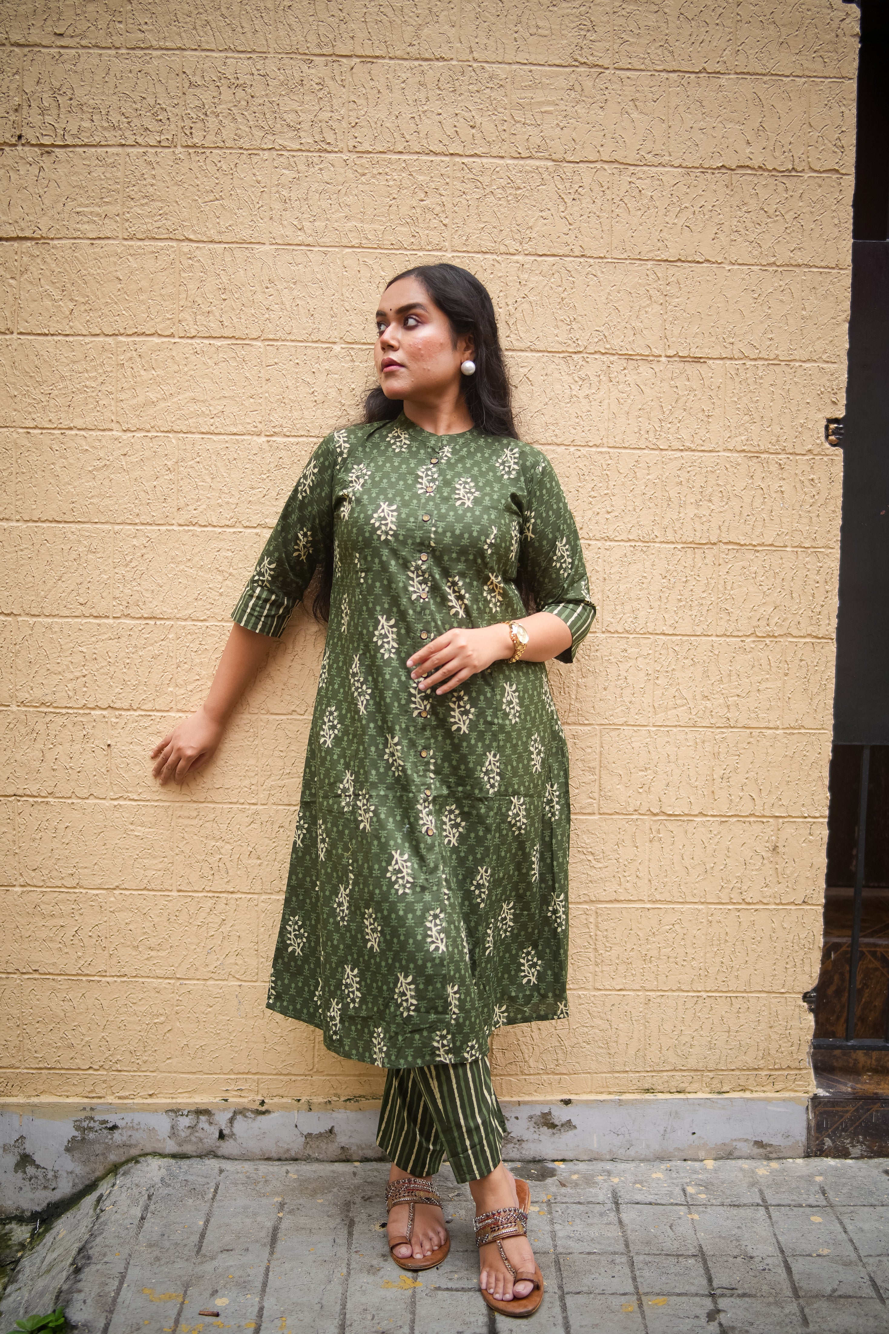 Dark Green Floral Print A-Line Kurta With Pant