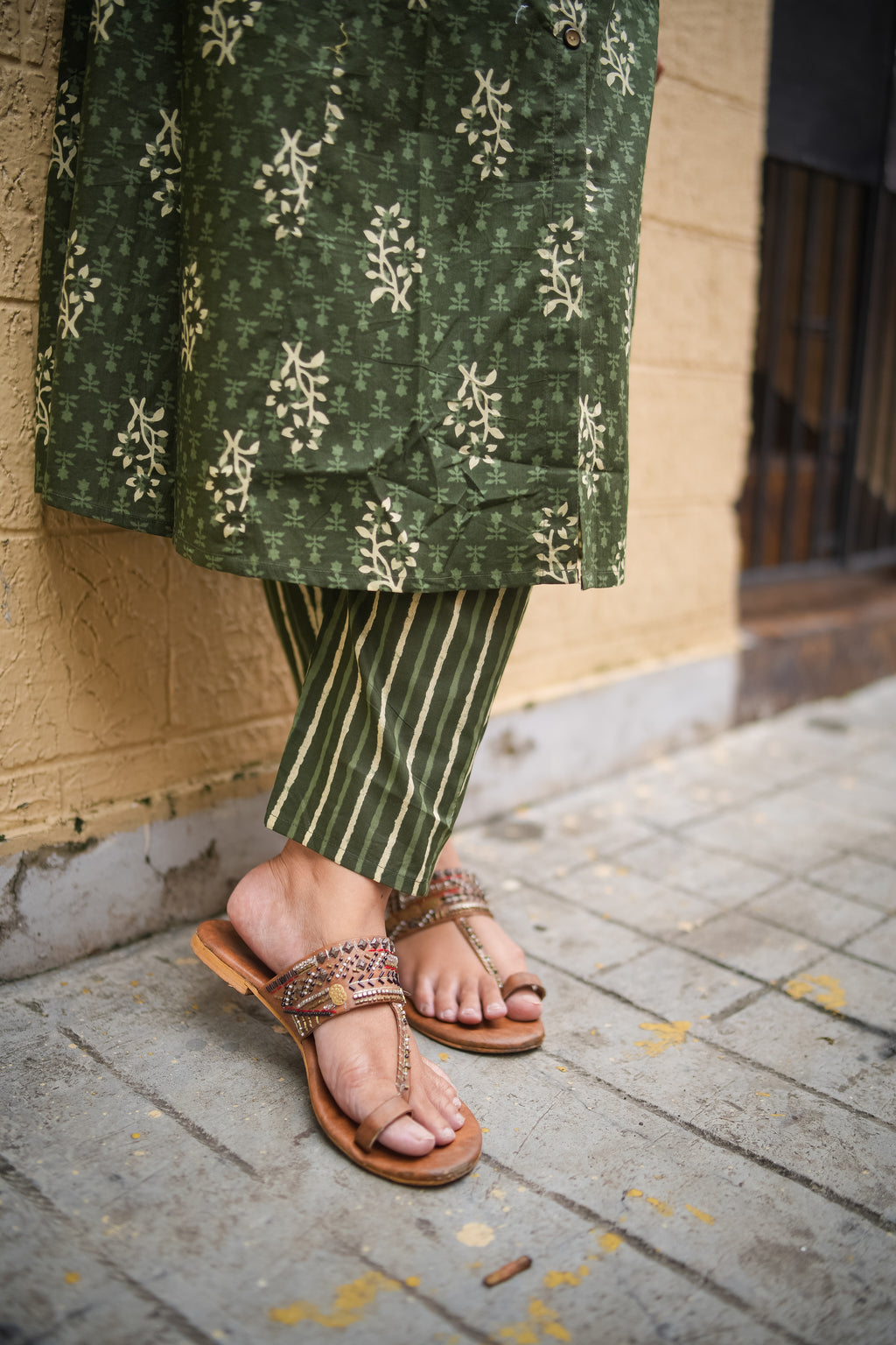 Dark Green Floral Print A-Line Kurta With Pant