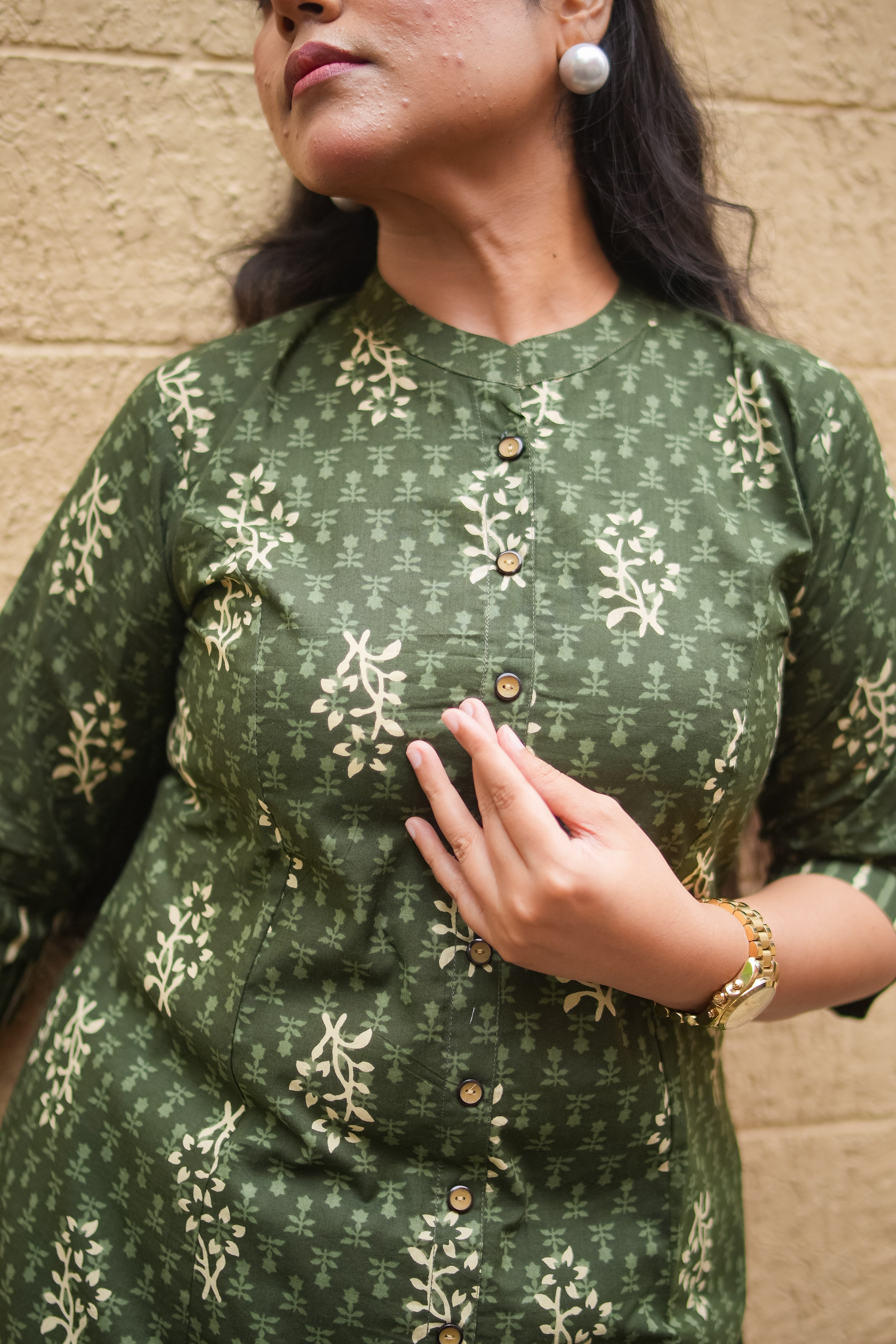Dark Green Floral Print A-Line Kurta With Pant