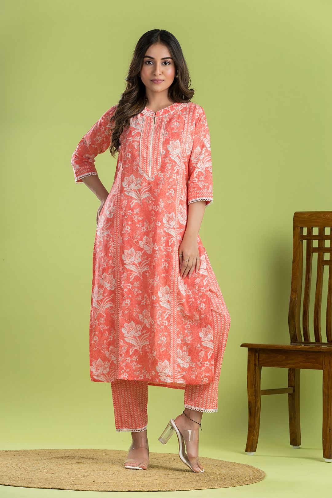 Orange Floral Print Kurta with Pant