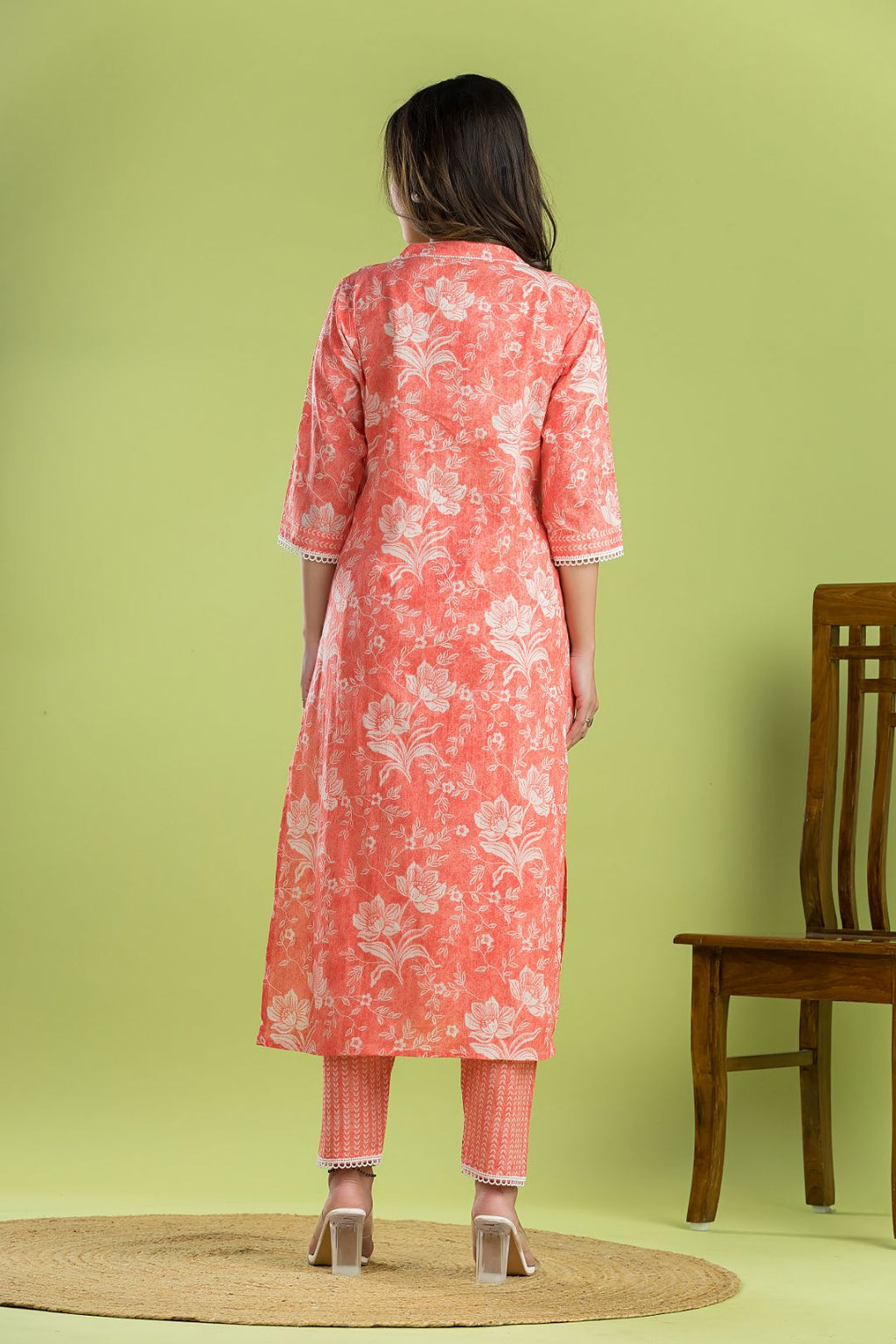Orange Floral Print Kurta with Pant
