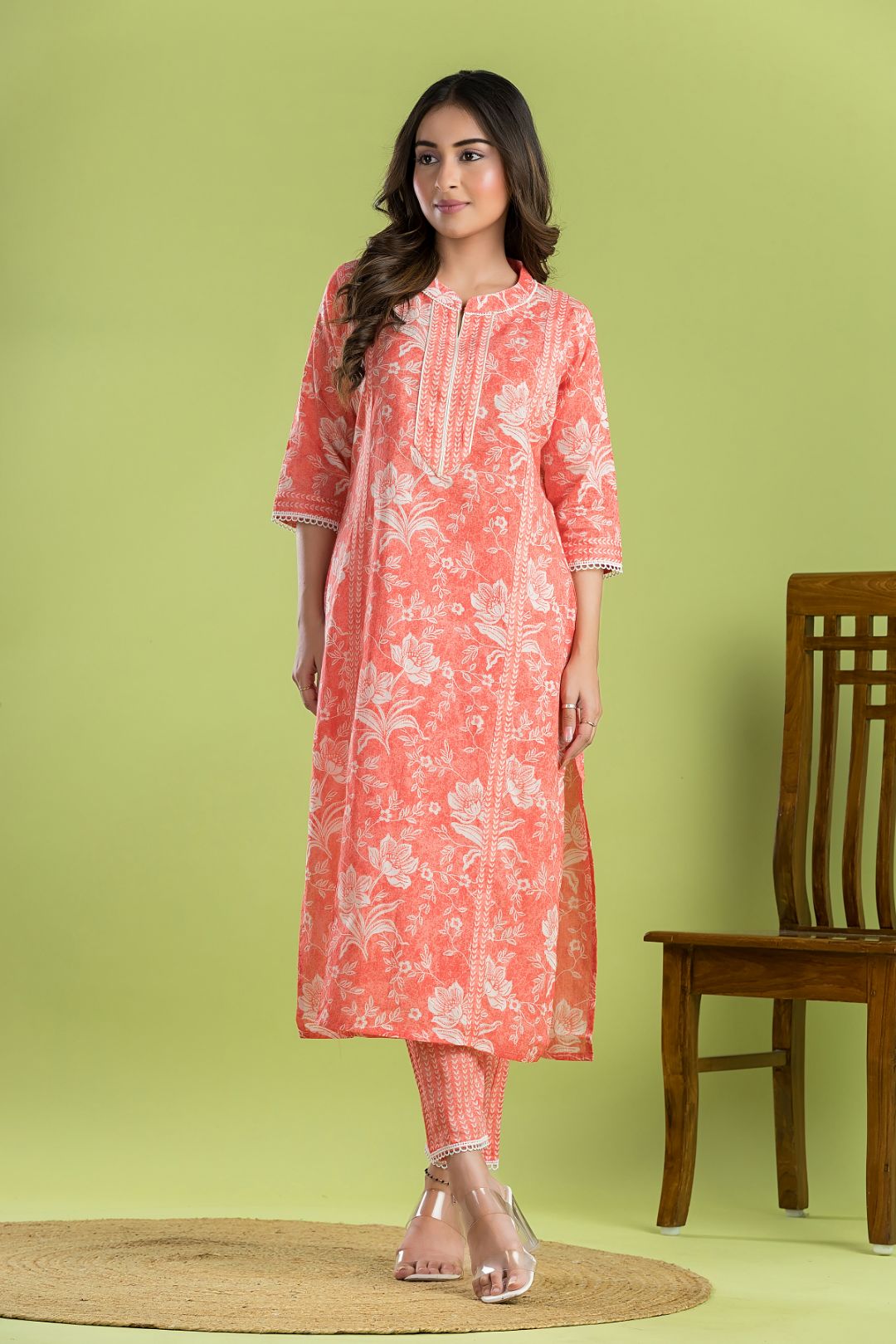 Orange Floral Print Kurta with Pant