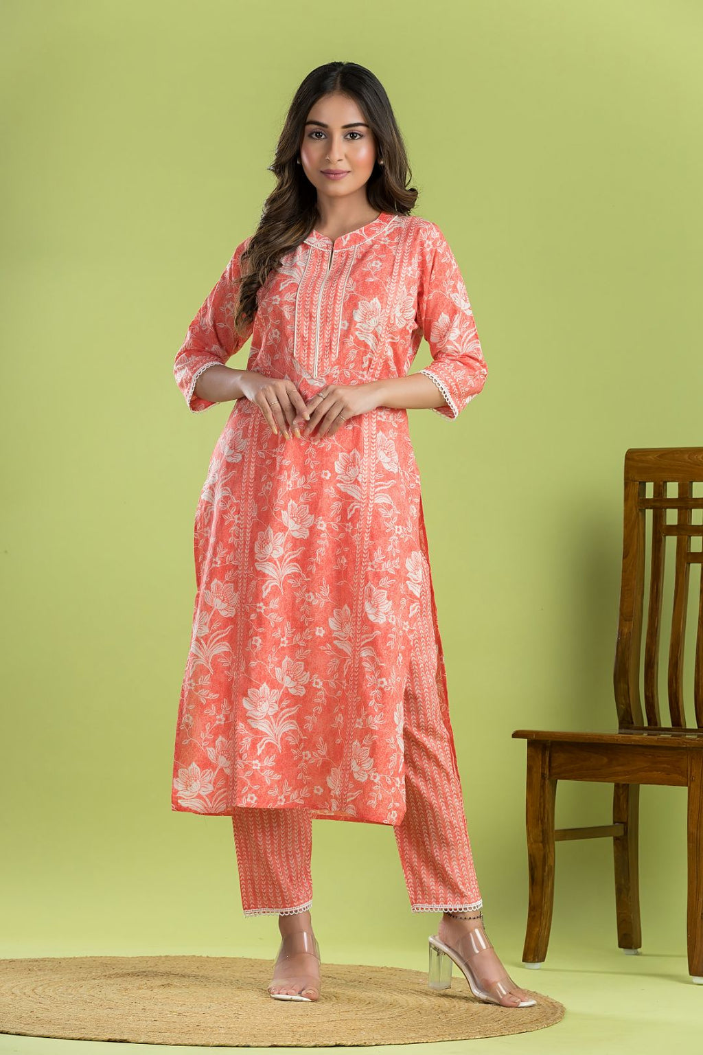 Orange Floral Print Kurta with Pant