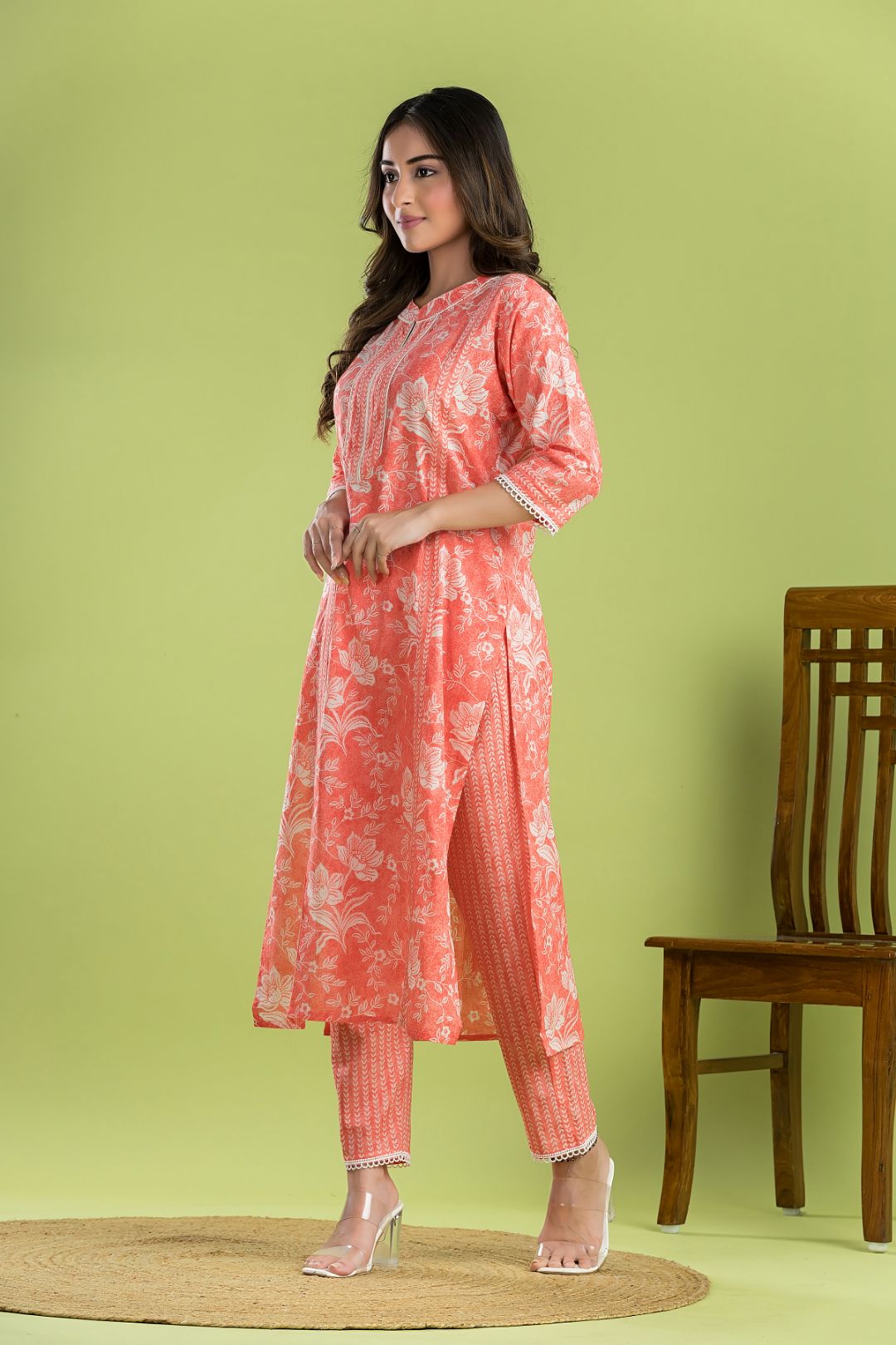 Orange Floral Print Kurta with Pant