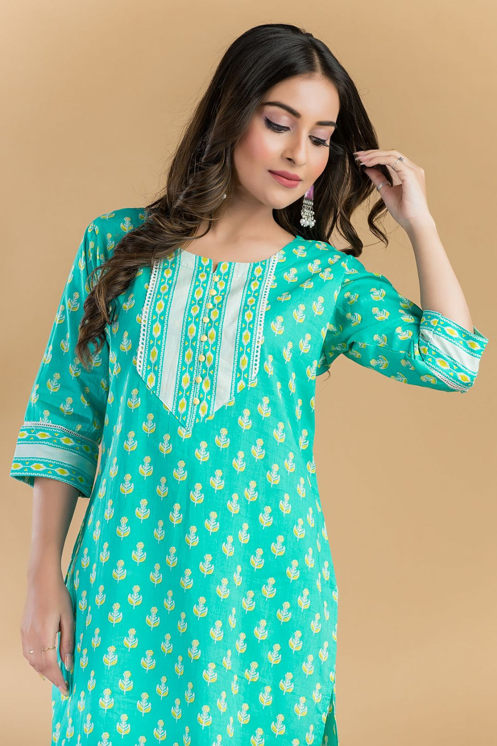 Aqua Blue Floral Print Kurta With Pant